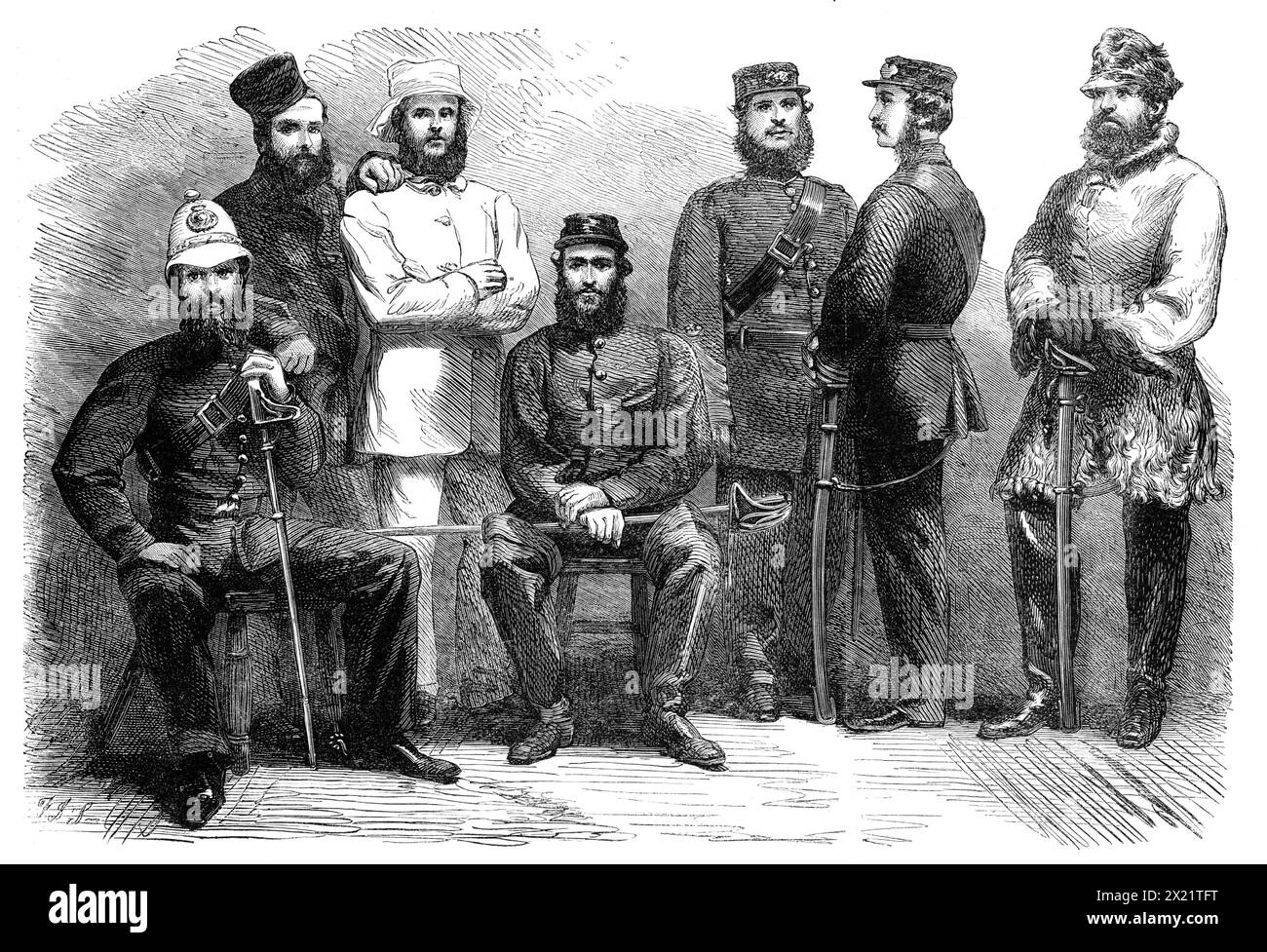 Police guard of the British Legation at Pekin, 1864. Engraving from a photograph by John and Charles Watkins, of '...the costume and appearance of a party of men, selected by the Metropolitan Commissioners of Police, with the sanction of the Home Secretary, to proceed to China, there to form an escort for her Majesty's Minister at Pekin, and to act as a guard for the Legation premises. They left London for China by the overland route on the 20th of last month. The ordinary uniform that has been selected is a blue tunic with scarlet piping, a cork helmet covered with white jean, with plate and Stock Photo