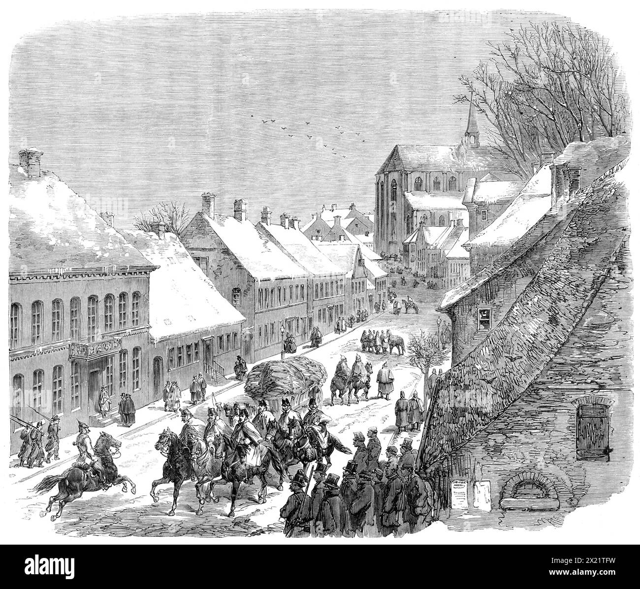 The War in Schleswig: High-Street, Hadersleben - from a sketch by our special artist, 1864. View of '...the principal street of Hadersleben, now the head-quarters of the allied Prussian and Austrian armies. This town, which is situated upon a gulf or inlet of the Baltic Sea, on the eastern coast of Schleswig, has a population of about six thousand souls. It is partly built on a small island, connected by bridges with the other portion of the town. Hence it was anciently called the Venice of Denmark, and the figure of the bridge is displayed among the heraldic insignia of the town. Its municipa Stock Photo