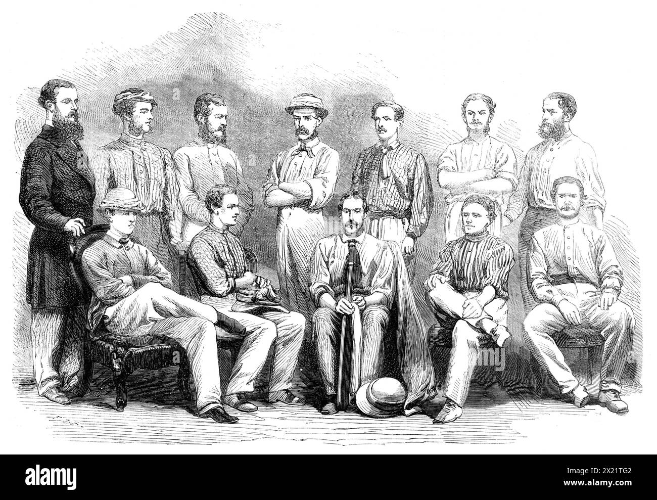 The cricket-match between Madras and Calcutta: the Madras Eleven, 1864. Engraving from a photograph by Mr. B. Smith, of the '...portraits of eleven members of the Madras Cricket Club who lately went to Calcutta to play against the Calcutta Cricket Club. Attempts had been made in previous years to bring the two elevens together, but were discountenanced by the absurd notion...that a good seat in the saddle or a good hit to square leg is evidence of an idle disposition in the members of the civil service. It required some courage to make the announcement that eleven men wanted permission to leav Stock Photo
