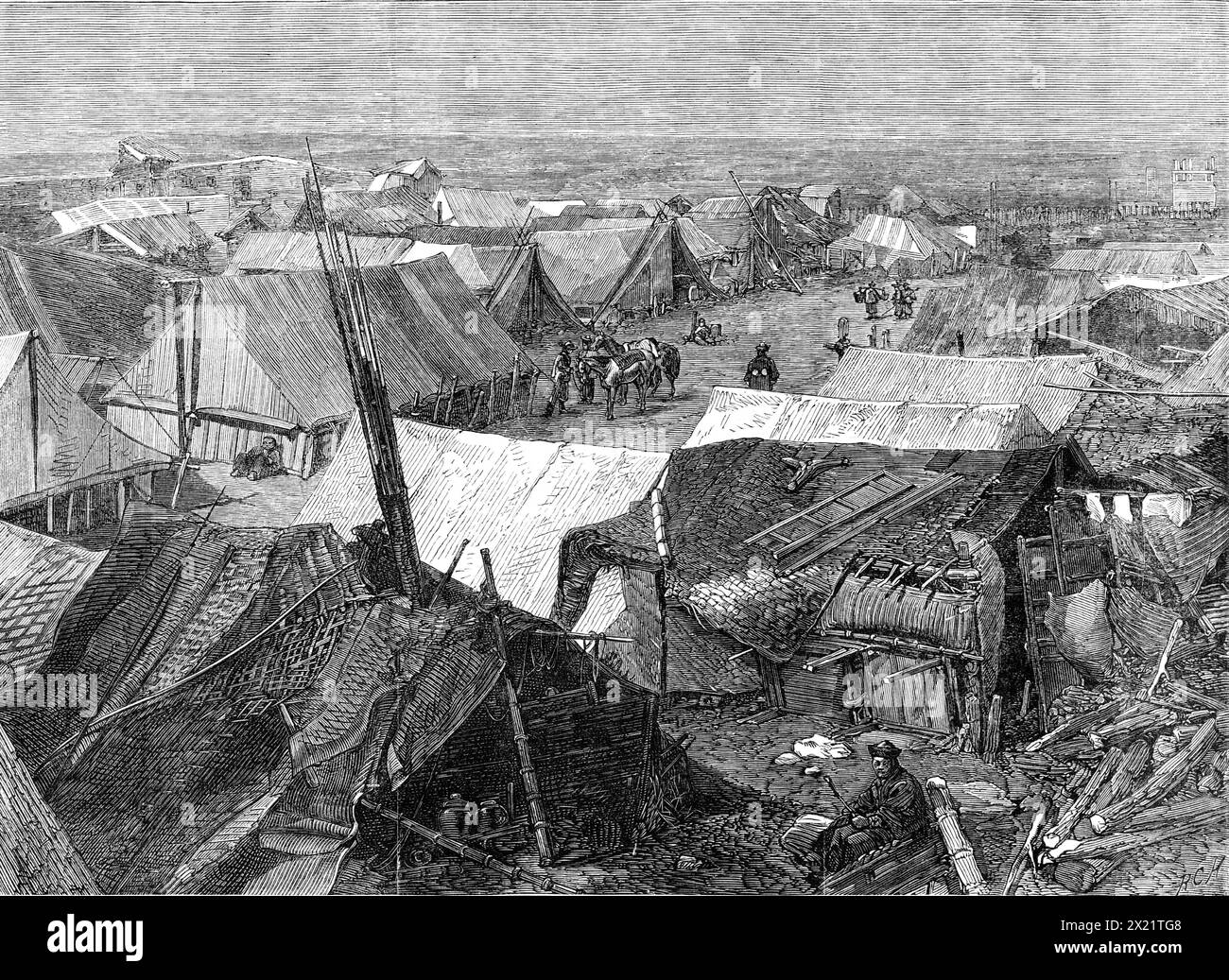 The Taeping Rebellion in China:...Soo-Chow, where the Wang was beheaded, 1864. Engraving from a photograph, '...illustrative of the capture of the Chinese town of Soo-Chow by the Imperialist troops, under Major Gordon; and the subsequent destruction of the Taeping or rebel leaders...Within the stockade we see the tents of the Taeping soldiery'. From &quot;Illustrated London News&quot;, 1864. Stock Photo