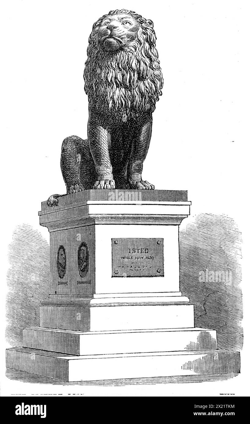 The Idstedt Lion at Flensburg, monument of the Schleswig-Holstein-War of 1850, (1864). 'The Engraving represents the colossal bronze lion erected in the cemetery at Flensburg as a monument of the Danish soldiers killed in the important battle of Idstedt, in 1850, when 28,000 Danes met and defeated the German army of nearly equal numbers, and put an end to the Schleswig-Holstein war of that time. The monument was designed by Professor Bissen, of Copenhagen, himself a native of Schleswig. It was finished and publicly erected in 1862. The lion, with the shield of Schleswig, is supported on a mass Stock Photo