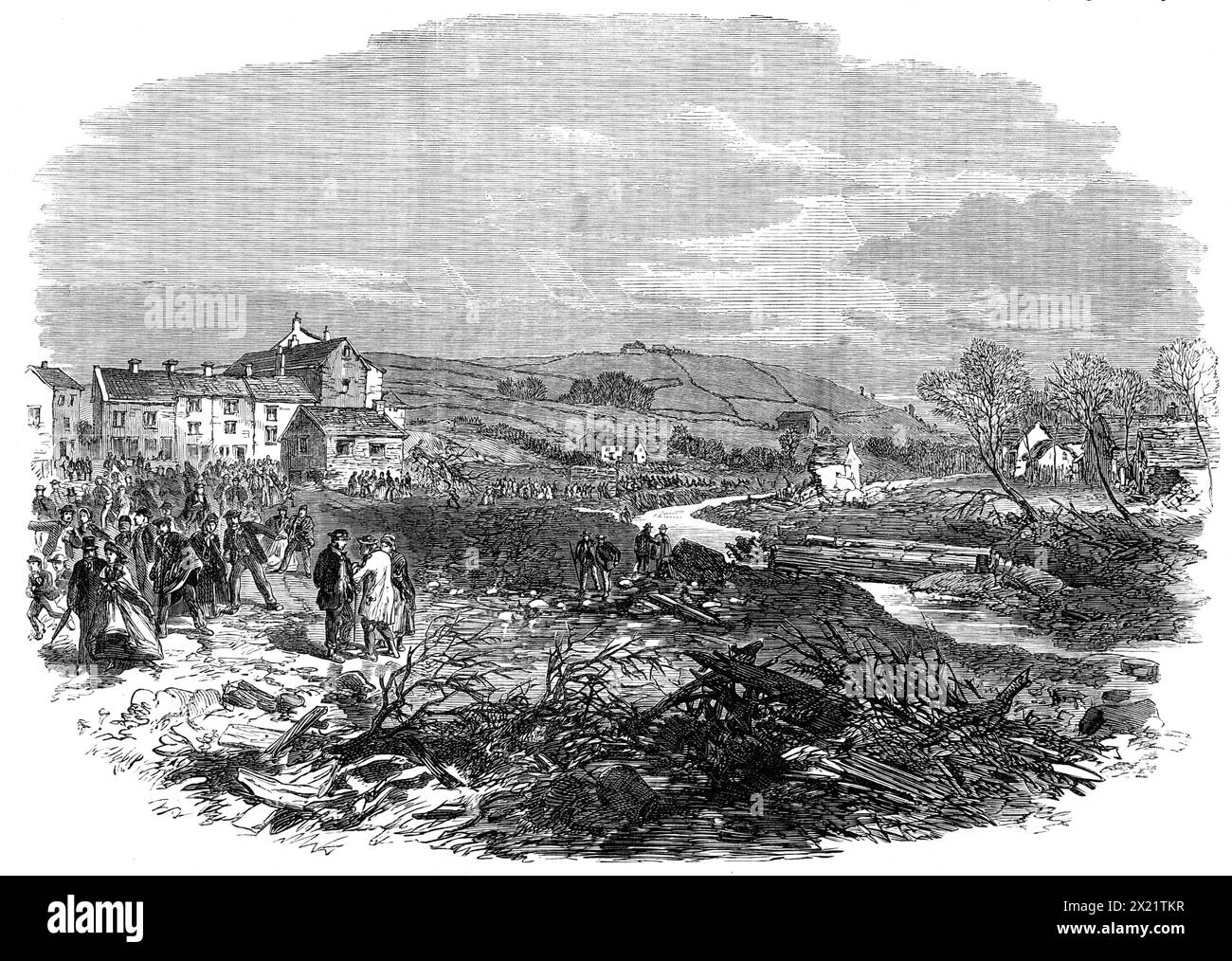 The village of Bradfield, near Sheffield, scene of the late floods - from a sketch by our special artist, 1864. Scene of '...a terrible disaster...involving the sudden destruction of several hundred human lives...[caused by] the bursting of the Sheffield Water Company's reservoir at Bradfield...It seems, unhappily, that...the thickness of the embankment was only 40 ft [when it] ought to have had a thickness of 54 ft...we may try to conceive the sudden outpouring by this channel of a hundred millions of cubic feet of water - that is, two million tons weight of water all discharged at once into Stock Photo