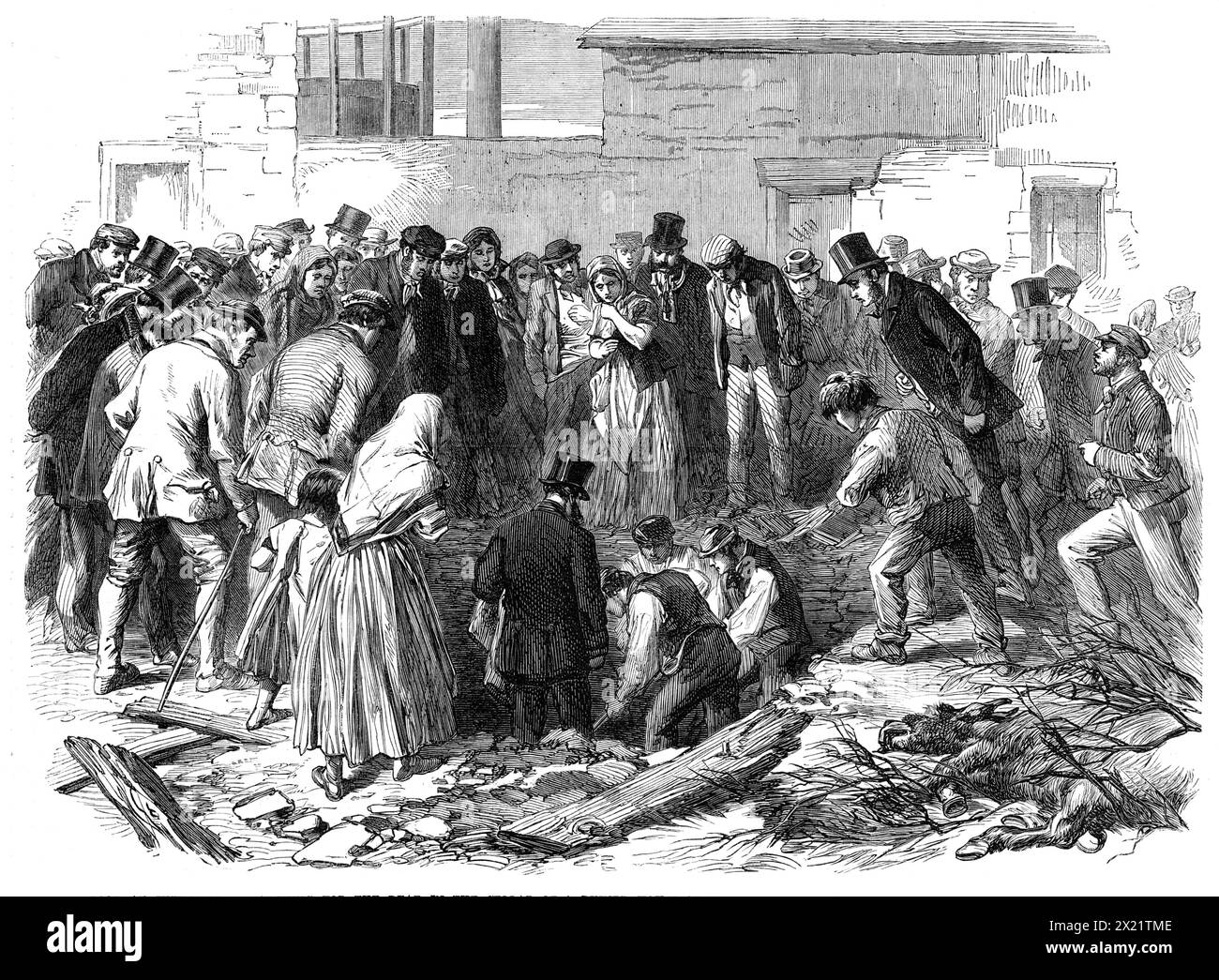 The Flood at Sheffield: searching for the dead in the cellar of a ruined house at Neepsend - from a sketch by our special artist, 1864. Aftermath of a burst reservoir, caused by inadequate building materials. Over a hundred people were killed. From &quot;Illustrated London News&quot;, 1864. Stock Photo