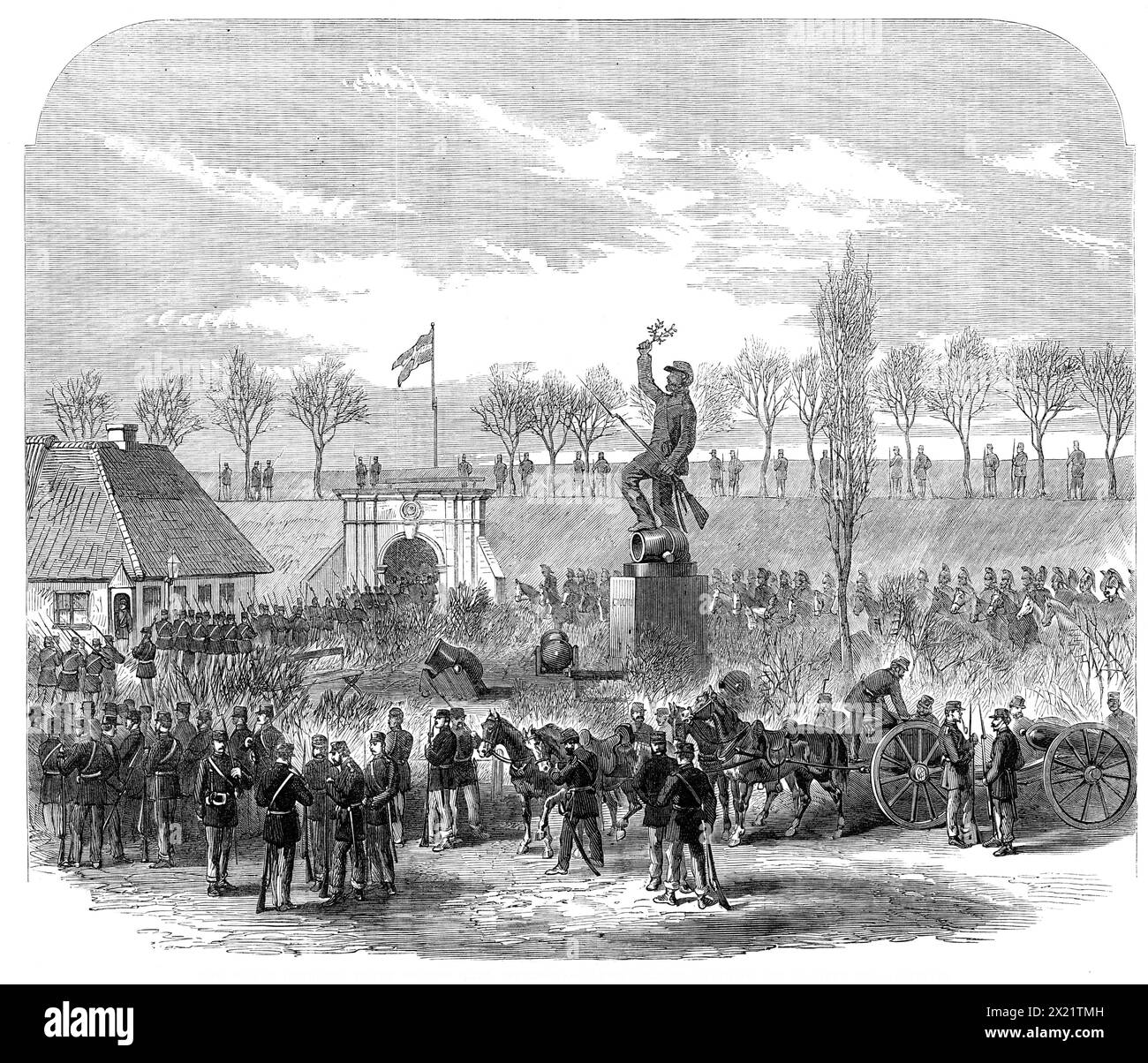 The War in Denmark: inside Kolding Gate, Fredericia - Danish soldiers marching out to meet the Austrians, 1864. 'The monument inside the Kolding Gate, which is seen in our Engraving, is an interesting record of the Schleswig-Holstein war of fifteen years ago. It is a fine bronze statue of the representative Danish infantry soldier, &quot;Den Tappre Land-Soldat,&quot; whose valour is justly extolled in the well-known National Song of Denmark. On the pedestal of this statue is inscribed the date &quot;July 6, 1849.&quot; On that occasion the Germans, being allowed to take up the ground west, nor Stock Photo