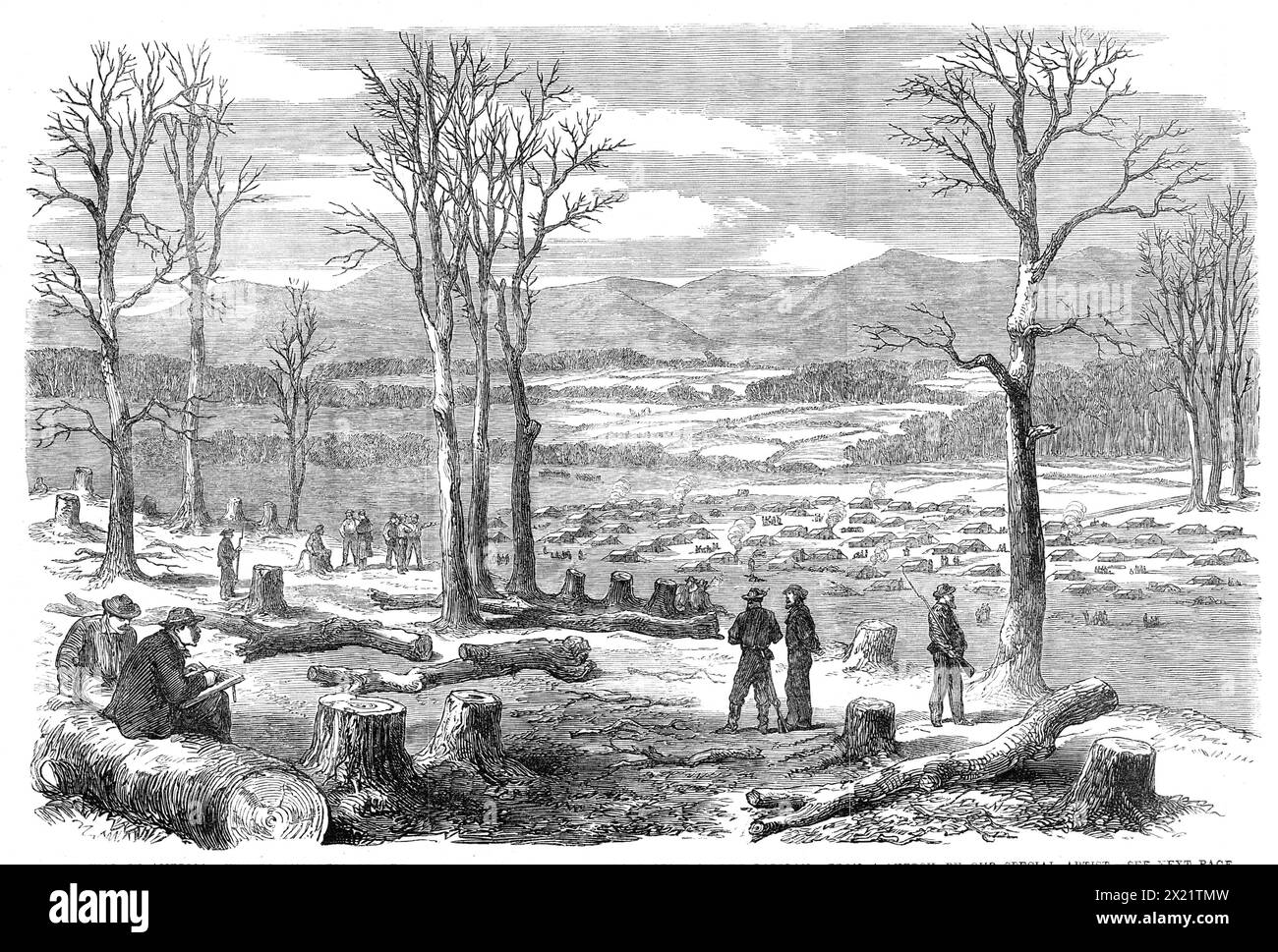 The War in America: winter quarters of the left wing of the Confederate Army on the Rapidan - from a sketch by our special artist, 1864. Military camp made up of a '...log and canvas city...There curled the blue smoke from the tent of Robert E. Lee, whose hand I had just shaken, and whose friendship I am proud to own...every soldier of the army of Northern Virginia was a comrade...around me, on every side as far as the eye could reach, lay spread the battle-fields of Virginia; and in many a distant clump of pine wood slept their last sleep those whom I had known in life...Far away in the backg Stock Photo