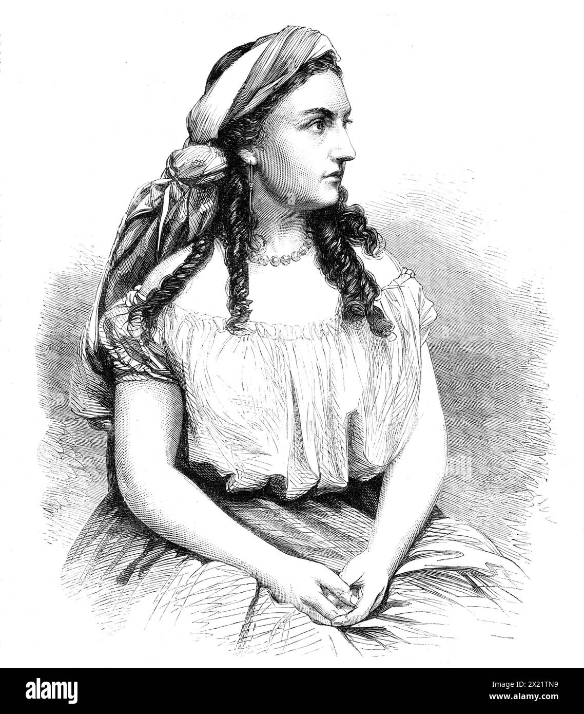 Miss Bateman as Leah, at the Adelphi Theatre, 1864. 'We have engraved the Portrait of Miss Bateman, in her well- known character of Leah, which has during the past winter been performed more than a hundred and fifty times, at the Adelphi Theatre. Many thousands of the London playgoers have been enchanted with the power and grace of this touching dramatic representation, the effect of which can be compared to nothing of its kind upon the stage of late years, except the noblest efforts of Adelaide Ristori. Miss Kate Josephine Bateman was born at Baltimore in 1842. She was a precocious child, one Stock Photo