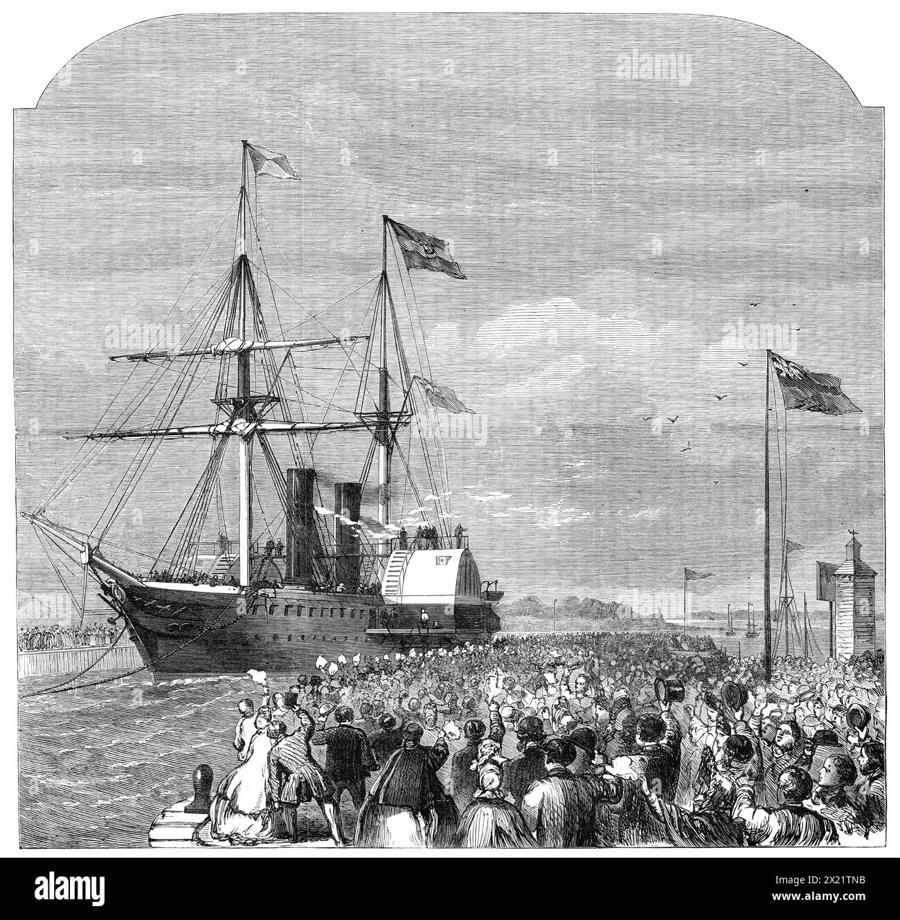 The arrival of Garibaldi at Southampton on board the Peninsular and Oriental steamer Ripon, 1864. Giuseppe Garibaldi, the popular hero of Italian Unification, is greeted by cheering crowds as he arrives in England. From &quot;Illustrated London News&quot;, 1864. Stock Photo