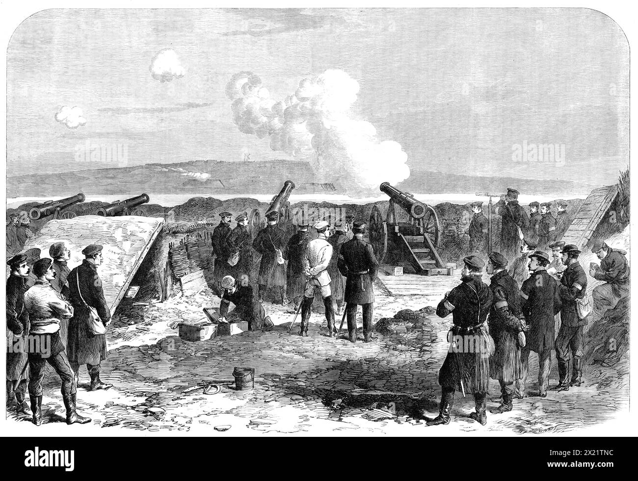 The War in Denmark: Prussian battery at Gaasberg Point, opposite the forts of D&#xfc;ppel, 1864. '...We see two of the great guns at work, throwing shot and shell across the waters of the Venning Bund, a distance of about two miles and a half, into the Danish redoubts, three or four of which are plainly distinguished on the opposite shore...The D&#xfc;ppel windmill is in the background...An officer, making use of a telescope mounted on a rest, is examining the enemy's movements...The gunners, having just fired off one of their two pieces, are preparing to discharge another. One man is carefull Stock Photo