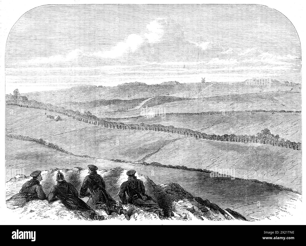 The War in Denmark: sketch of the Redoubts Nos. 4, 5, 6, and 7 at D&#xfc;ppel, showing the Danish and the Prussian outpost sentries - from a sketch taken on the Ruhenberg Hill, by our special artist, 1864. '...since the 17th of March, Ruhenberg Hill, which is not more than half a mile from the nearest of the Danish redoubts..., has been in possession of the Prussians...The D&#xfc;ppel Windmill and the Redoubts, which are on the brow of the hill, are here seen from the west...In the foreground are four of the Prussian soldiers, who lie under the cover of a low bank of earth, which has been thro Stock Photo