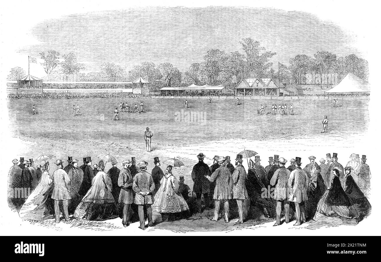 Cricket-match at Melbourne [in Australia,] between the All-England Eleven and Twenty-Two of Victoria, 1864. Engraving from a photograph by Messrs. Davies and Co, showing '...the cricket-match played on New-Year's Day and three following days, upon the ground of the Melbourne Cricket Club, between the All-England Eleven and a double number of the best cricket-players of Victoria province...[The play] resulted in a drawn match, the time having expired at six o'clock on the fourth day with six of the All-England wickets in their second innings yet to go down. But, since the All-England men had al Stock Photo