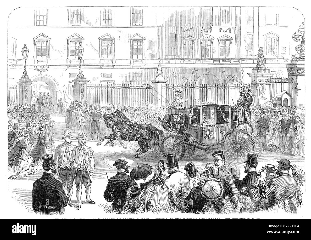 The Court at Buckingham Palace on Saturday last: arrival of the foreign ambassadors, 1864. 'As a memorial of the occasion, last Saturday, when our Queen, to the gratification of all her people, returned, in a manner, to public life by holding a Court at Buckingham Palace for the first time since her widowhood began, we have engraved a sketch of the arrival of the Corps Diplomatique at the gates of the palace. It is unnecessary that we should make any further remark upon a scene which is so familiar to Londoners during the accustomed season for the visits of her Majesty to this city. We can but Stock Photo