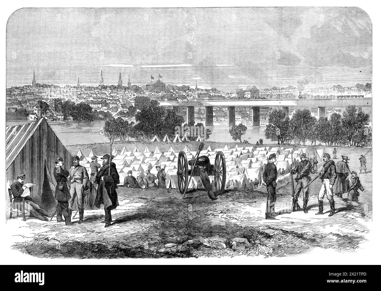 The War in America: camp of Federal prisoners on Belle Isle, Richmond - from a sketch by our special artist, 1864. '...in Richmond especially the prisons are full to overflowing...the authorities, to provide a remedy, have established a camp of d&#xe9;tenus on Belie Isle. This is the largest of the numerous islands that intersect the channel of the James River, in the immediate neighbourhood of Richmond...the camp occupied by the prisoners is intrenched, and there is an inner line of guards pacing around its outskirts, with imperative orders to shoot the first man who attempts to cross the emb Stock Photo