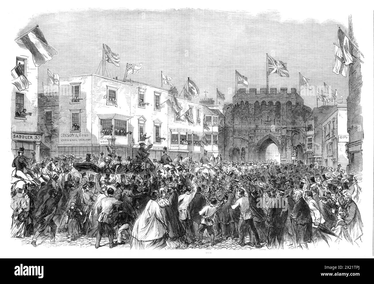 Garibaldi in England: arrival of Garibaldi at the townhall, Bargate, Southampton, 1864.  View of '...the picturesque old Bargate, in Southampton, at eleven o'clock on the Monday, with a carriage-and-four, containing Garibaldi, his two sons, Mr. Brinton, the Mayor of Southampton, and Mr. Seely, proceeding to the Townhall, amidst the acclamations of a crowd of people in the streets'. From &quot;Illustrated London News&quot;, 1864. Stock Photo