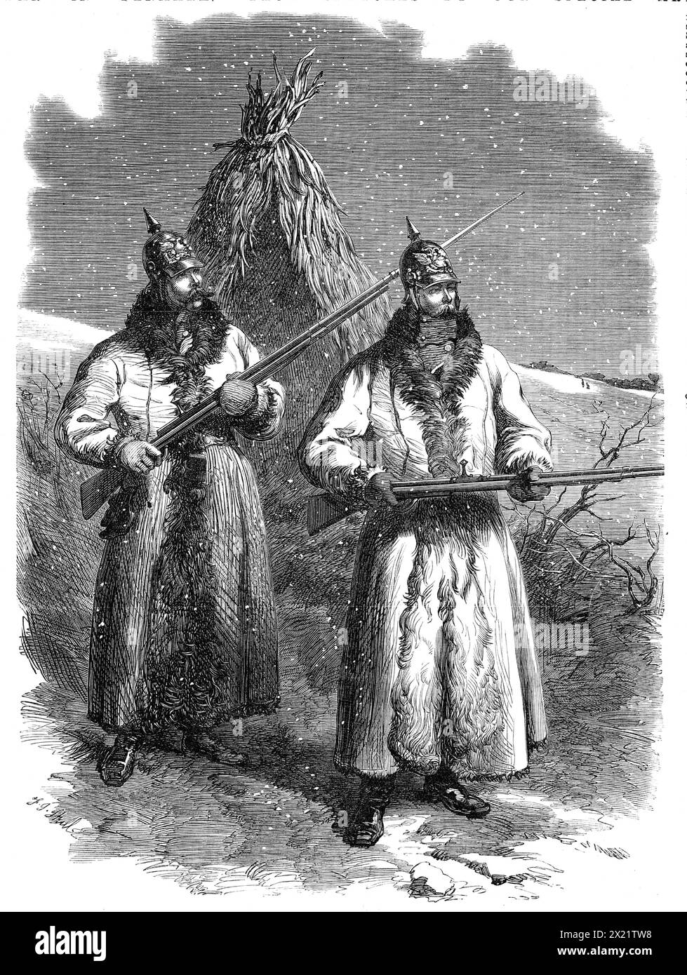 The War in Denmark from a sketch by our special artist with the allied German armies: Prussian outposts before D&#xfc;ppel: &quot;Wer da?&quot; (&quot;Who goes there?&quot;), 1864. 'The pair of martial figures which our Artist has drawn, standing with their rifle-muskets half raised, and already fingering the deadly triggers, are a couple of Prussian infantry soldiers, on outpost duty somewhere in the neighbourhood of D&#xfc;ppel. The metal helmet, surmounted with a spike, which is peculiar to the army of Prussia, should be well adapted to resist a sabre-cut, when they receive a cavalry charge Stock Photo