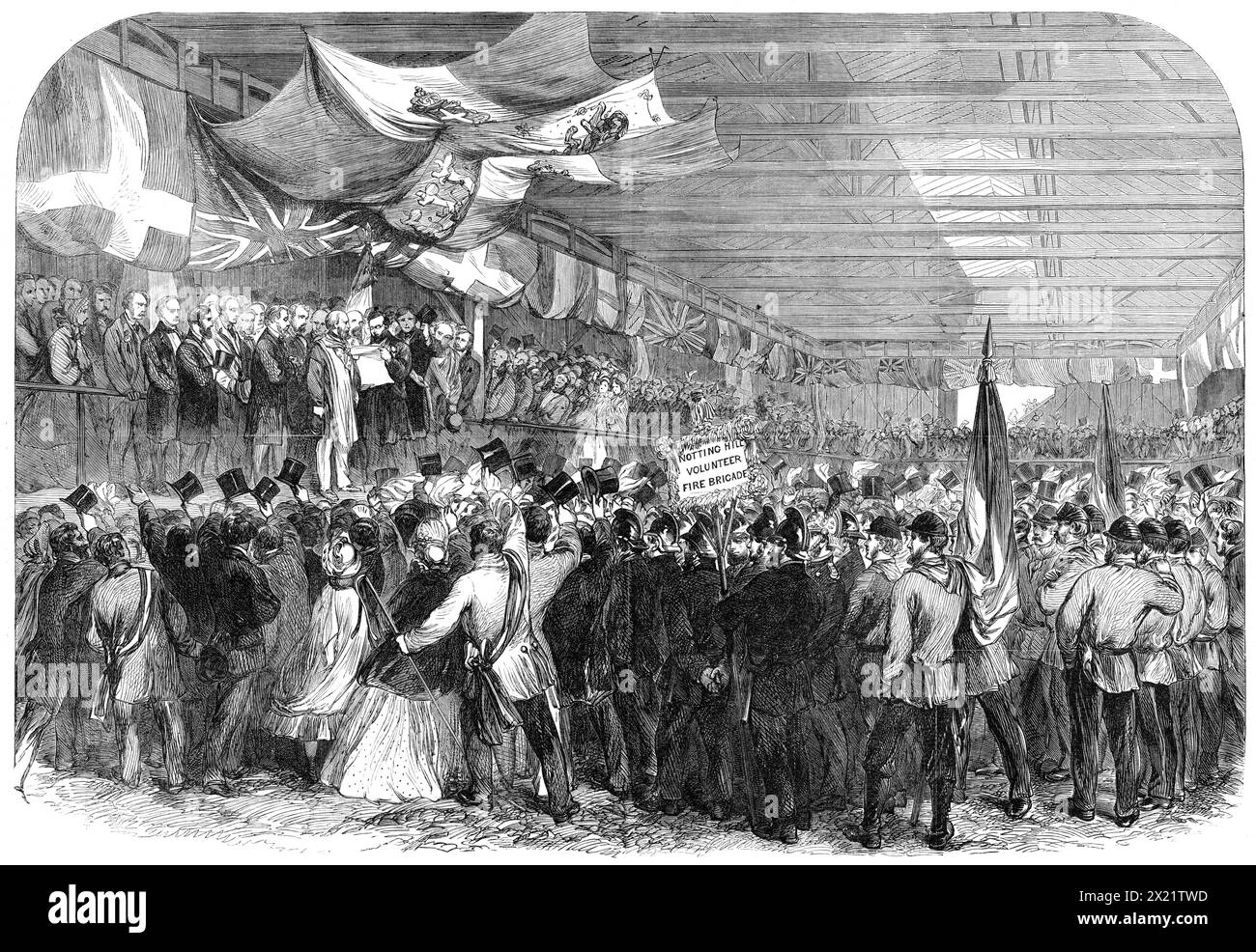 Garibaldi in England: Garibaldi receiving an address at the Nine Elms railway station, 1864. View of '...the interior of the large goods' shed at the Nine Elms station of the London and South-Western Railway, on the afternoon of Monday, the 11th April, when Garibaldi had just arrived from Southampton, and was receiving the addresses of the City Committee, the Working Men's Committee, and the Committee of Italians resident in London'. From &quot;Illustrated London News&quot;, 1864. Stock Photo