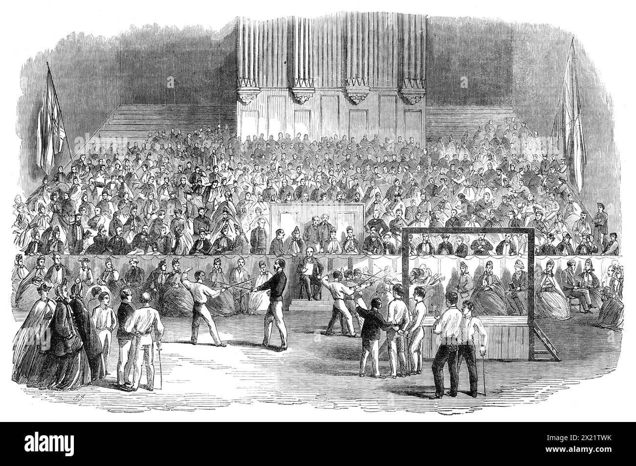 Gymnastic meeting of the Edinburgh Schools, 1864. 'As an illustration of the growing practice of gymnastic training, which at Edinburgh is now systematically encouraged in the higher and middle-class schools, we present an Engraving of the scene that took place in the Music-hall there, on the 9th April, when the youthful pupils of a dozen different academies were assembled by Captain Roland and Mr. H. Roland to make a public exhibition of their athletic skill. They contended with great spirit for the prizes awarded for various gymnastic performances, drill, fencing, singlestick, sword exercise Stock Photo