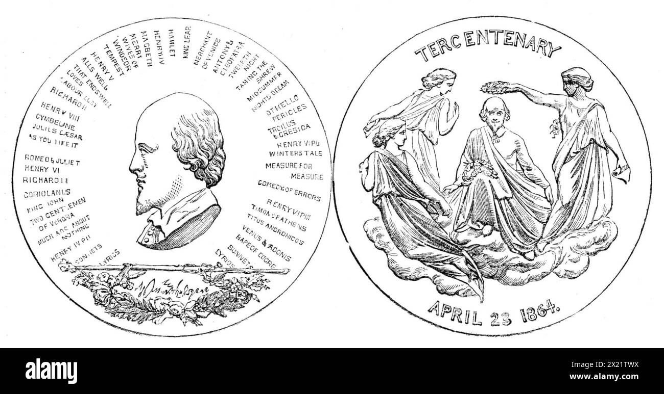 Messrs. Hunt and Roskell's Shakspeare medal, 1864. Commemoration of the Tercentenary of Shakespeare's birth. 'Medal, designed by Mr. John Bell and executed by Mr. L. C. Wyon. Its obverse side presents a head of Shakspeare, the likeness, in profile, being copied from the Stratford bust, combined with the Chandos portrait. Under this is a facsimile of his autograph signature, inclosed in a wreath of wild flowers, among which are the primrose, cowslip, wild rose, honeysuckle, water-lily, hemlock, foxglove, bramble-berries, meadowsweet, and bindweed twining about a hazel wand. The titles of all Sh Stock Photo