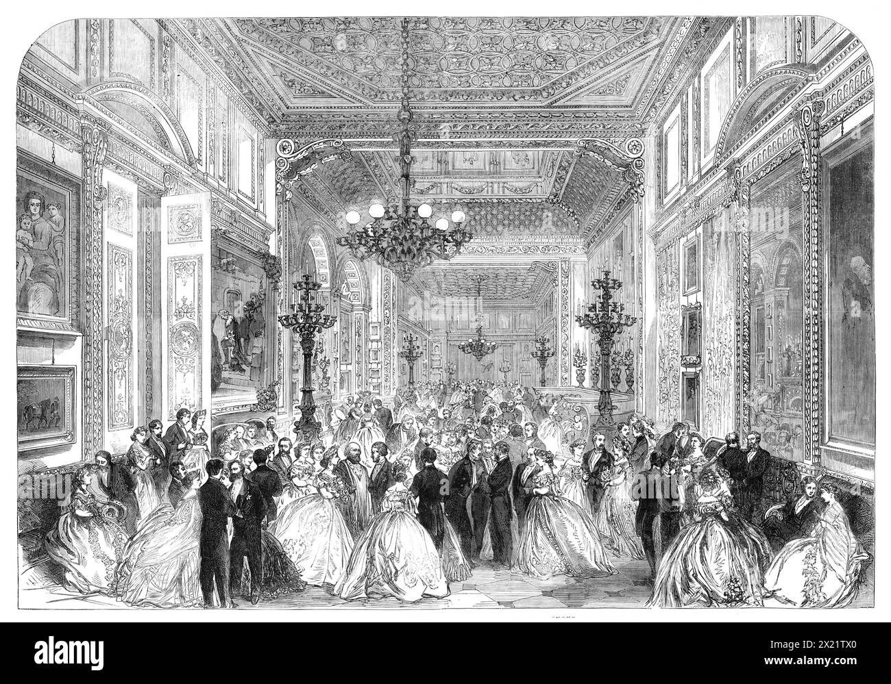 The Duchess of Sutherland's assembly at Stafford House in honour of Garibaldi, 1864. Scene depicting an episode during '...the General's sojourn in this metropolis [ie London, when he enjoyed] the splendid entertainment provided by the hospitality of the Duke and Duchess of Sutherland. The superbly-decorated apartments of Stafford House were never seen to greater advantage than when crowded by this great assembly to do honour to an illustrious guest of the noble Duke and of the nation'. From &quot;Illustrated London News&quot;, 1864. Stock Photo