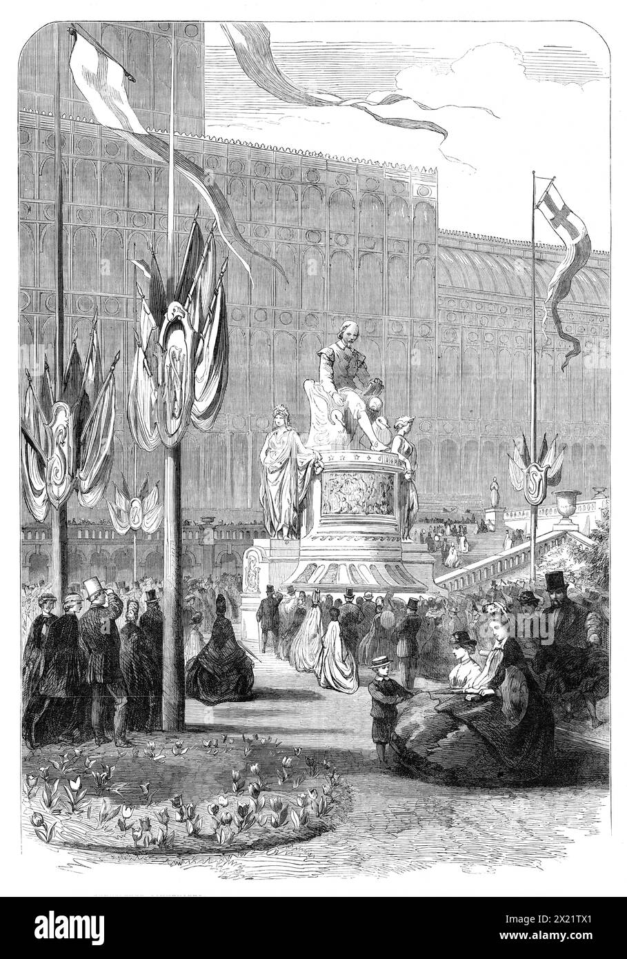 The Shakspeare Commemoration in London: monument of Shakspeare at the Crystal Palace, 1864. Event celebrating the tercentenary of Shakespeare's birth. 'The Crystal Palace Company made this Saturday a shilling day instead of a half-crown day, as usual. They have now opened to public view the exact representation of Shakspeare's house, of the same size as the original, modelled by Mr. E. T. Parris, in the central transept, with the Shakspeare Court, which contains models of the bust on his tomb and of the tombs of his wife and daughter. Our Engraving shows the monument, by Mr. Thomas, now erecte Stock Photo