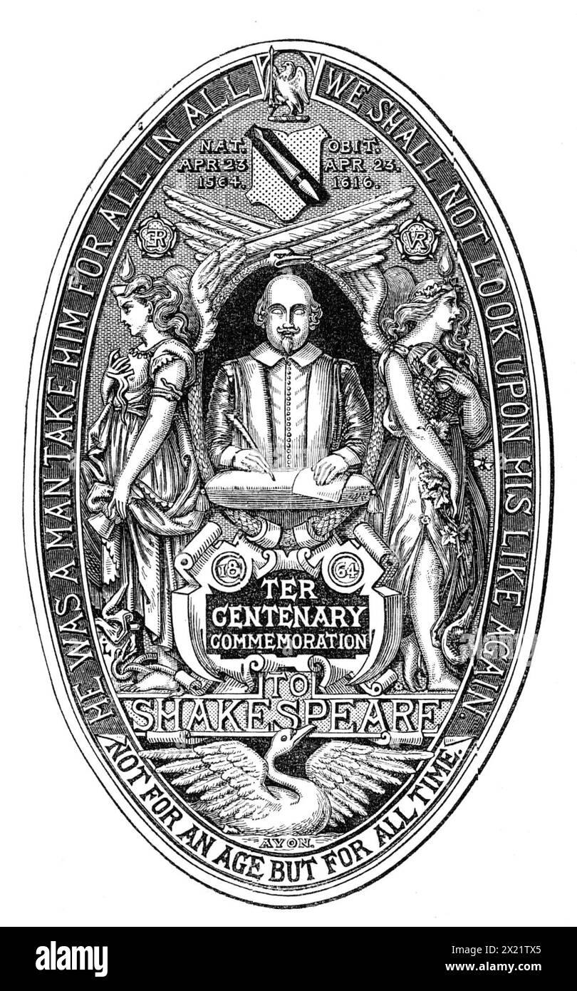 The Seal of the National Shakspeare Committee, 1864. Commemoration of the Tercentenary of Shakespeare's birth. 'We have engraved the design of the official seal of the National Shakspeare Committee. It is by Mr. John Leighton. It exhibits the Stratford bust of the poet, supported by the Muses of Tragedy and Comedy, both of them furnished with wings, and crowned with tongues of fire. The emblem of Eternity, a Serpent coiled in a circle, encompasses this group. The &quot;Swan of Avon&quot; is below it; while above it are the arms of Shakspeare, and the monograms of Queen Elizabeth and Queen Vict Stock Photo