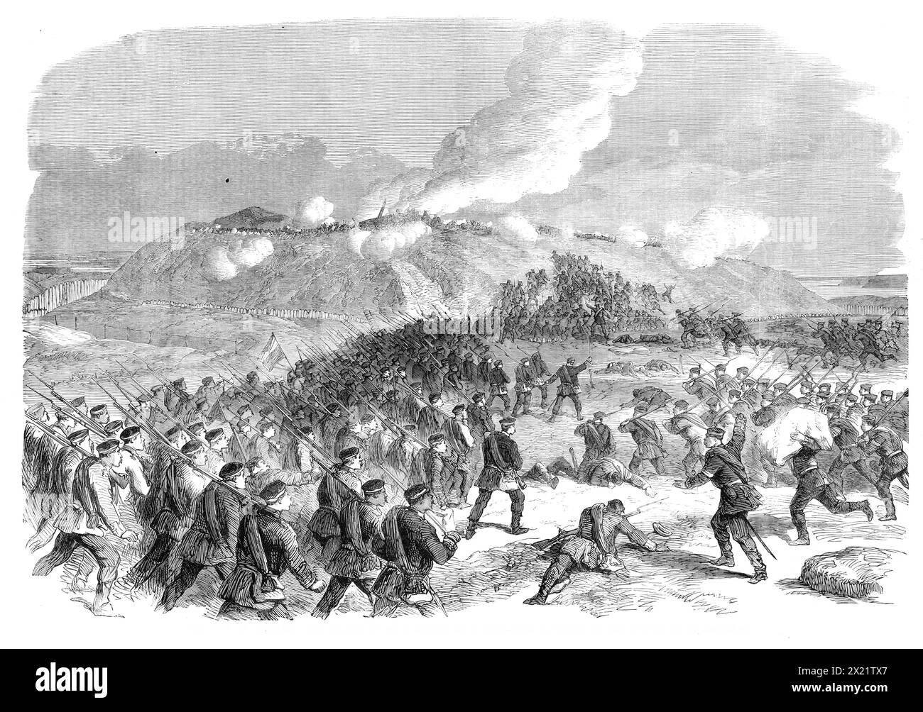 The War in Denmark: the assault on No. 4 Redoubt at D&#xfc;ppel - from a sketch by our special artist, 1864. 'Since the seaward redoubts, No. 1 and No. 2, had been dismantled and silenced by the Prussian cannonade on former days, No. 4, which was the largest and most formidable of all, became the principal stronghold of the Danes to the left of their line. It commanded the road which leads from Gravenstein to Sonderburg right up the hill of D&#xfc;ppel, so that if this redoubt were once taken the enemy's artillery might find an easy passage to the rear of the Danish position...These observatio Stock Photo