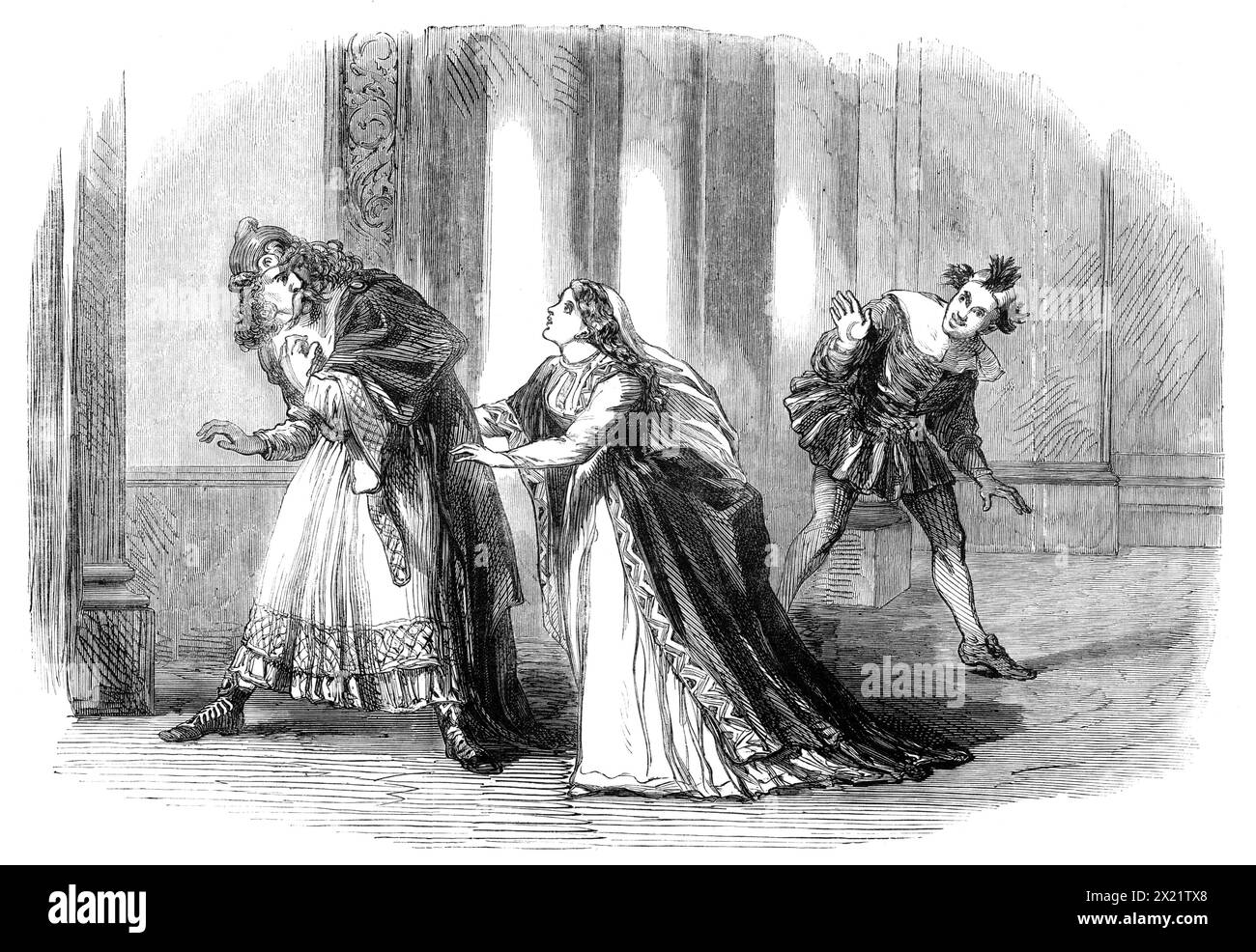 The Shakspeare Commemoration at Stratford-On-Avon: scene from &quot;The Comedy of Errors&quot;, as performed in the Festival Pavilion, 1864. Celebrating the tercentenary of William Shakespeare's birth. Play performed by the company of the Princess's Theatre. 'It is the scene in which Antipholus of Syracuse, being mistaken for his brother of Ephesus by the wife of the latter, is accosted, very much to his astonishment, with conjugal entreaties and reproaches, by Adriana, whom he never saw before in his life. She has been scolding him for his neglect, and she now insists upon taking his arm and Stock Photo