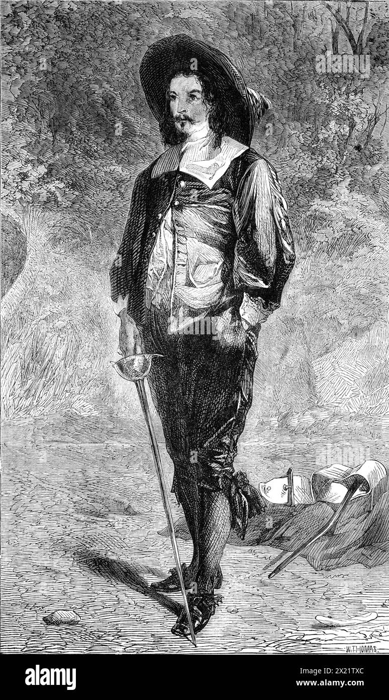 &quot;The Time and Place&quot;, by J. Pettie, in the Exhibition of the British Institution, 1864. Engraving of a painting. '...the costume is that of the dissolute times of Charles II. The black satin doublet and breeches, the black silk stockings and black felt Montero hat seem to indicate...that he is in &quot;mourning&quot; - possibly it may be &quot;complimentary mourning'' - for some former victim. That he is a rou&#xe9; and professed duellist appears to be beyond a doubt. The disordered dress, the dishevelled hair, the bloodshot eyes, the reckless, nonchalant, dare-devil air, the busines Stock Photo