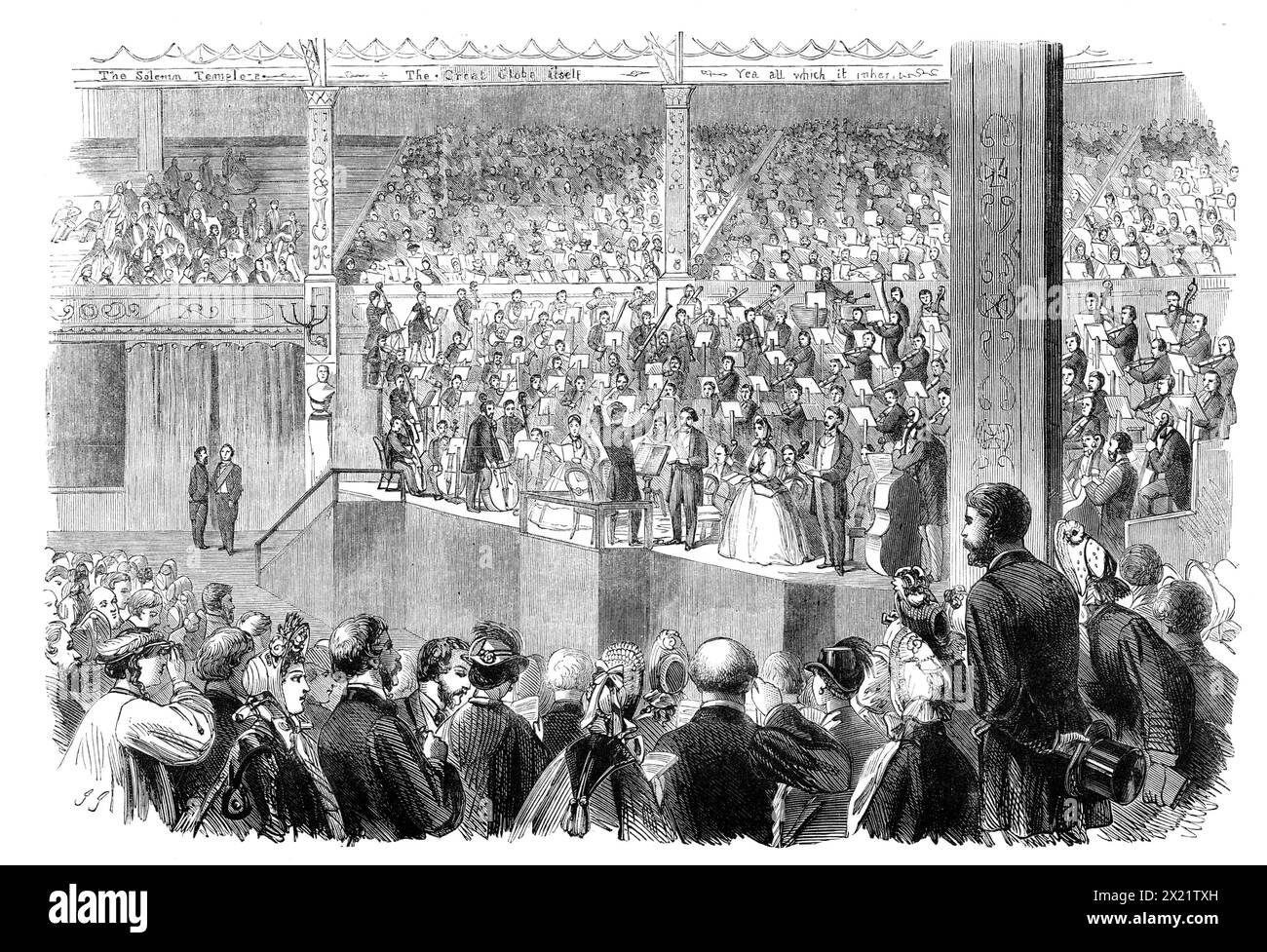 The Shakspeare Commemoration at Stratford-On-Avon: performance of the oratorio, &quot;The Messiah&quot;, in the Festival Pavilion, 1864. Celebrating the tercentenary of William Shakespeare's birth. 'View of the interior of the...building when used as a concert-room during the performance of Handel's oratorio &quot;The Messiah&quot;.' From &quot;Illustrated London News&quot;, 1864. Stock Photo