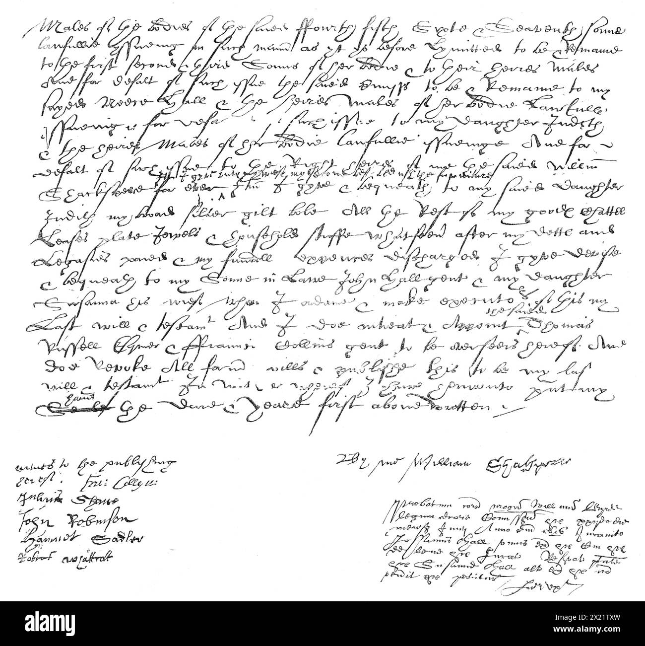The last sheet of Shakspeare's will, 1864. Facsimile of '...the only piece of paper upon which our great poet's name is traced undeniably by his own hand...It is only lately that the Judge of the Probate Court has given permission to have the will photographed...The following is a modernised copy: Item, I give unto my wife my second best bed, with the furniture. Item, I give and bequeath to my said daughter Judith my broad silver- gilt bowl. All the rest of my goods, chattels, leases, plate, jewels, and household-stuff whatsoever, after my debts and legacies paid, and my funeral expenses disch Stock Photo