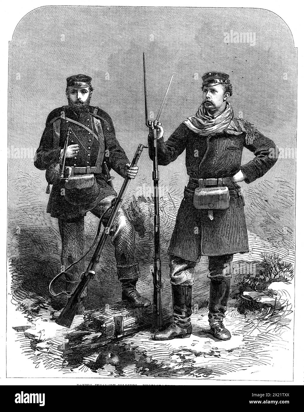 Danish infantry soldiers - photographed from the life, 1864. Engraving from a sketch '...by our own Artist at the head-quarters of the Prussian army...[of] two of the Danish infantry soldiers; one of them, as he appeared when the photograph was taken, just ready to march for his regiment; and the other, who belongs to the 1st Regiment of the Line, stationed on the lookout. Both the men's likenesses are well preserved; and in each case we are struck with the intelligence, the spirit, and the manly simplicity of the men's expression of face. Their uniform is plain and convenient, though of cours Stock Photo