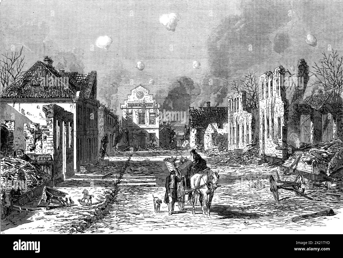 The War in Denmark: the town of Sonderburg in ruins after the bombardment, 1864. Engraving '...from a sketch taken by Mr. Simonsen, our Danish Artist, in the town of Sonderburg a fortnight after its bombardment - that cruel and wanton act, for which, as Earl Russell has observed, &quot;the Prussian army must remain under the reprobation of all civilised countries.&quot; The view which is here presented shows what damage was caused to the houses by the enemy's shells falling in the little square of Sonderburg, near the newly-built Townhall. But it must be left to the imagination to conceive the Stock Photo