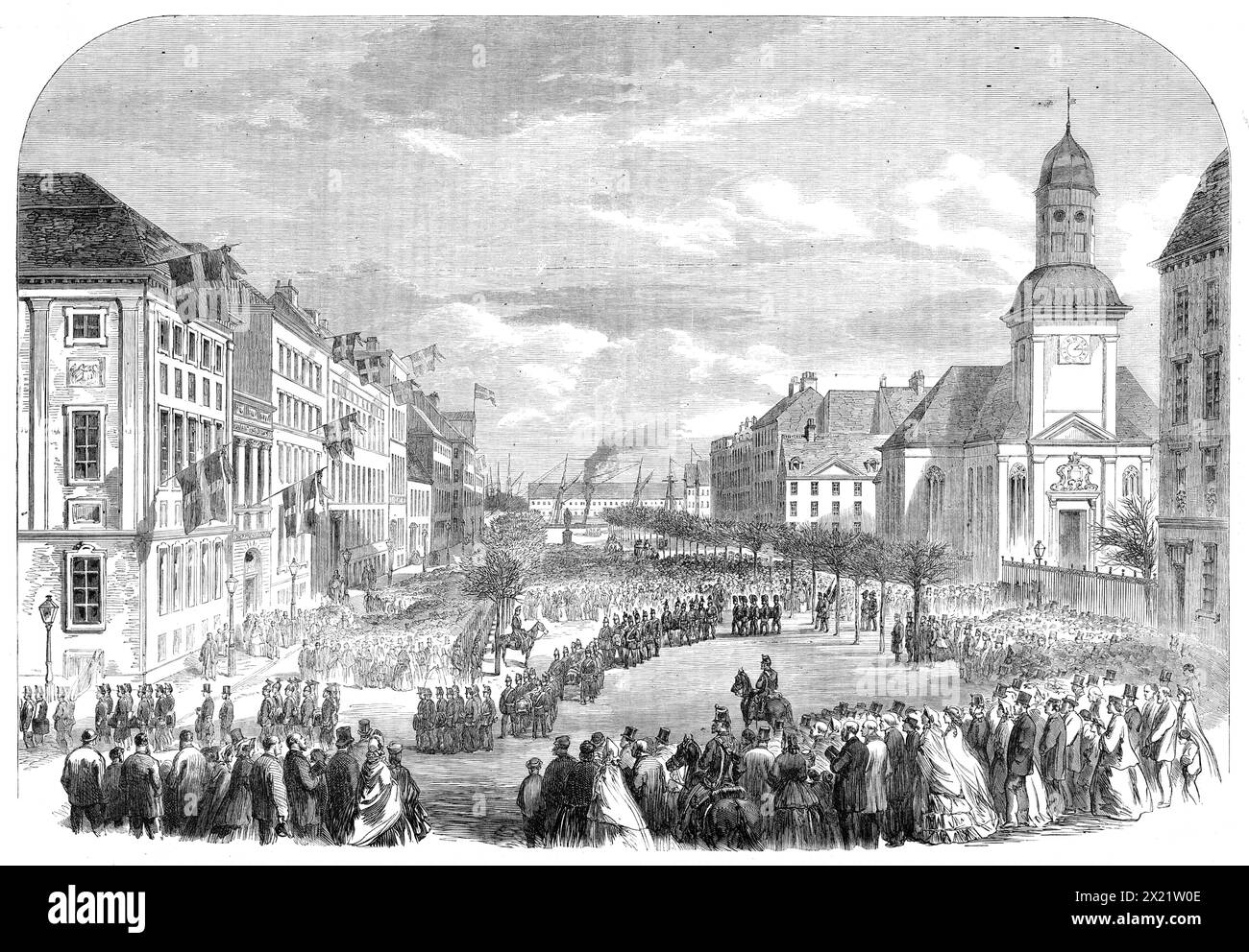 The War in Denmark: public funeral at Copenhagen of officers and soldiers killed at D&#xfc;ppel, 1864. Engraving from a sketch by Mr. Simonsen. 'It represents the scene in St. Anne's-square, Copenhagen, at the funeral of fourteen of the Danish officers and soldiers killed in the defence of the redoubts at D&#xfc;ppel on April 18. The funeral took place on the 27th of that month, setting forth from the Garrison Church, which is directly opposite the house of the British Legation. From early morning on that day, flags half mast high had been displayed by the shipping in the port and from many ho Stock Photo