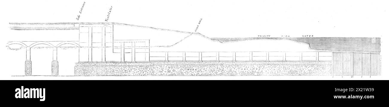 London Main-Drainage Works: section of the outfall of the Northern Drainage at Barking Creek, 1864. Diagram showing the outlet to the river: 'Side entrance; ventilator; river wall; Trinity high water...The sewage lifted [at Pimlico] will be conveyed through the low-level sewer, which is to pass along the Thames embankment, now in course of construction, and along the intended new street to the Mansion House as far as Cannon-street; and thence in an easterly course past the Tower and the neighbourhood of the London Docks and Limehouse to the larger pumping establishment at Abbey Mills. This sew Stock Photo