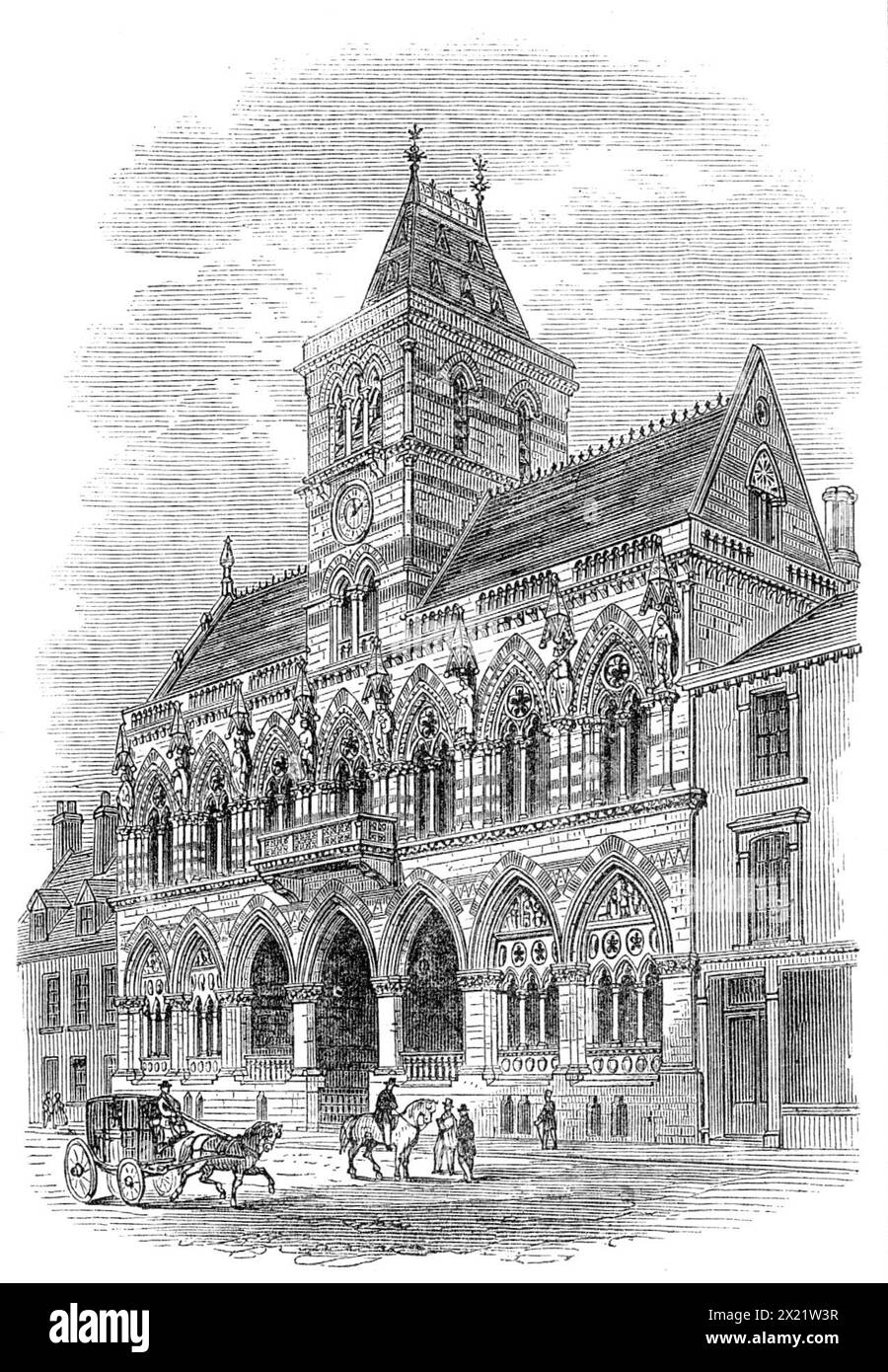 The new townhall of Northampton, 1864. 'The architect of the new hall is Mr. Edwin Godwin, of Bristol; Mr. John Watkin is the builder. The design is of a Gothic style, as appears from our Illustration. The statues, furnished by Mr. Boulton, of Worcester, which adorn the front of the edifice, represent St. George, St. Michael, Richard I., Henry III., Edward I., Edward IV., Henry VII., and Queen Victoria. There are sculptured groups of subjects from English history on the arches of the lower windows, and many other decorations, which our limited space will not allow us to describe. Upon the whol Stock Photo