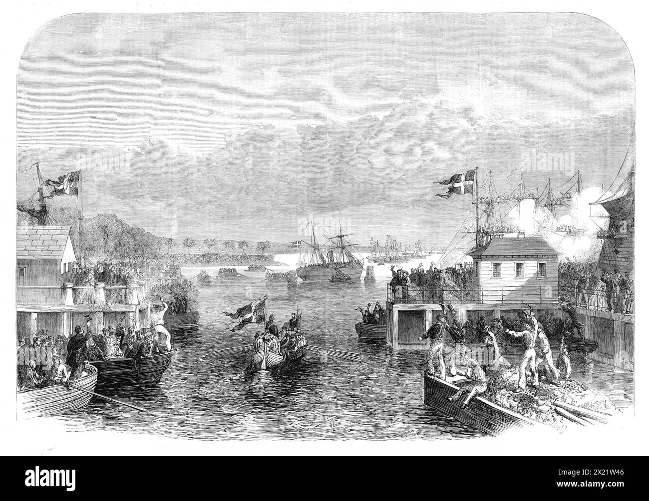 The King of Denmark visiting the North-Sea Squadron on its return to Copenhagen, 1864. Engraving from a sketch 'by Mr. Simonsen, our Danish Artist. All classes of people in Denmark were naturally eager to show their appreciation of the services of the navy, which had held the sea during the whole winter, assisting the army, chasing and blockading the enemy, and concluding with a spirited naval combat - thus upholding the honour of Denmark, and her old historical renown for maritime prowess...the inhabitants of Copenhagen...mustered by thousands upon the ramparts of the citadel...The frigate Sj Stock Photo