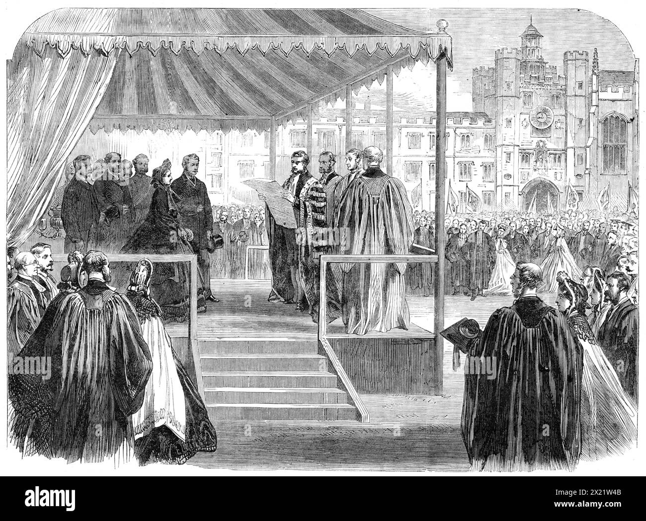 The Royal Visit to Cambridge: presentation of the university address to the Prince and Princess [of Wales] in the quadrangle of Trinity College, 1864. '...their Royal Highnesses [ie the future King Edward VII and Queen Alexandra] were conducted to a platform erected under a marquee beneath the shadow of the dining-hall. Here the Duke of Devonshire (Chancellor, of the University), the Vice-Chancellor (Dr. Cookson), the heads of houses, professors, and members of the Senate were assembled to present a formal address to the Prince of Wales. The Prince read a short reply, in which he acknowledged Stock Photo