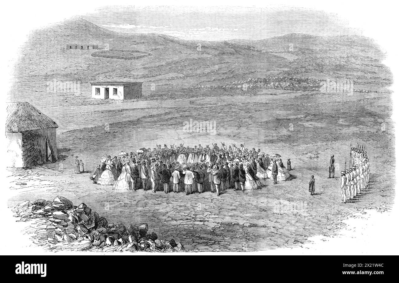 Laying the foundation-stone of an English church, Philippolis, Orange Free State, South Africa, 1864. Engraving from a photograph by the Rev. C. Clulee. 'President Brand was on his way from Cape Town to the seat of his future government, and as he had to pass through Philippolis and Fauresmith, he was received with public festivities as he went. On this occasion Mr. Clulee and his churchwardens asked his Honour to lay the corner-stone of their new English church in the town, which he consented to do...On the Monday, Jan. 26, being the festival of the Conversion of St. Paul, the foundation-ston Stock Photo