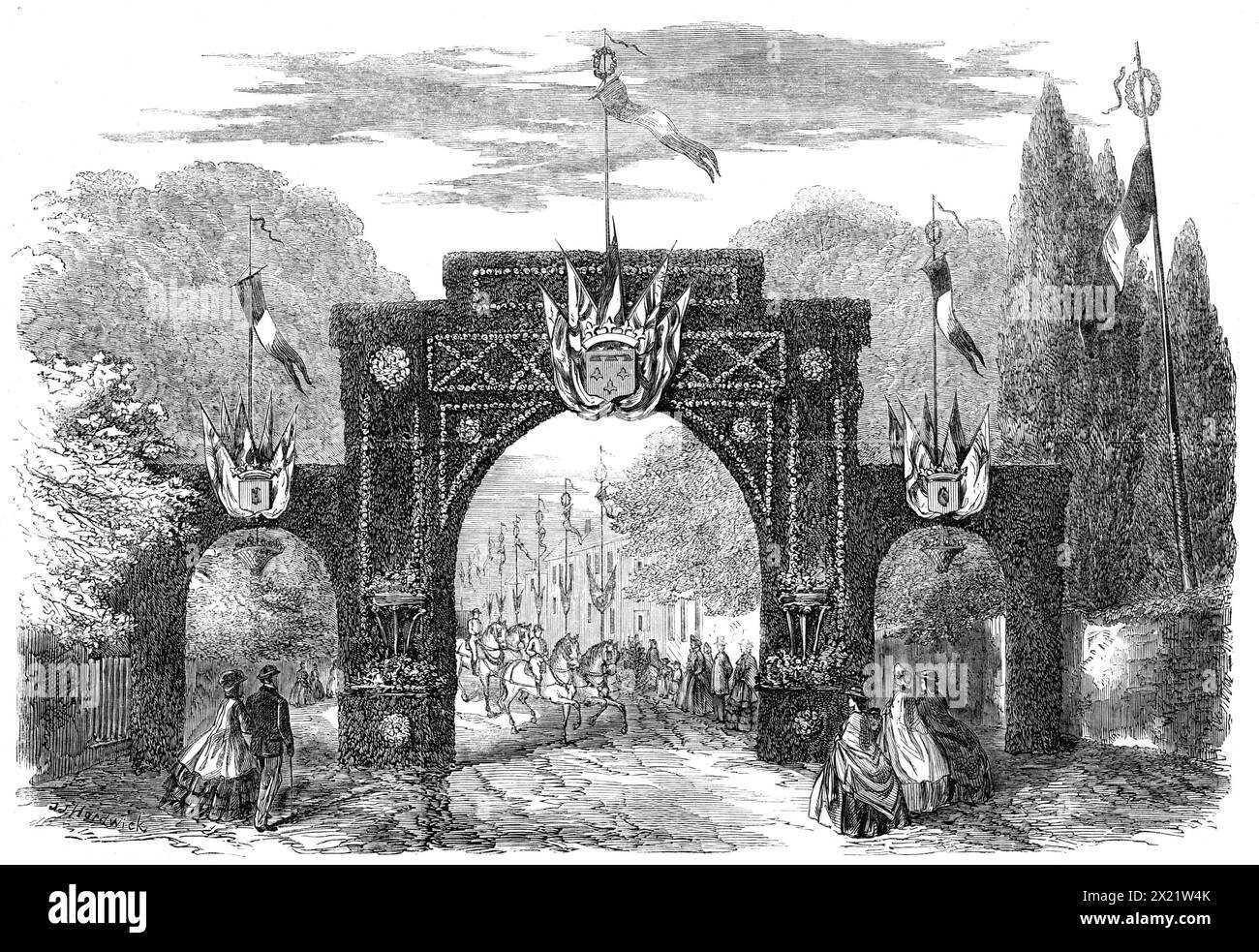 Marriage of the Count de Paris with the Princess Isabelle d'Orleans: triumphal arch at Esher, 1864. '...Louis Philippe Albert d'Orleans, the Count de Paris, son of the Duke of Orleans and grandson of King Louis Philippe, was married to his first cousin, Princess Maria Isabella Francesca d'Assisi, daughter of the Duke de Montpensier, and niece, by her mother's side, to the Queen of Spain...After the ceremony...the young Count and Countess de Paris entered their carriage to return to Claremont, amidst all manner of festive demonstrations - cheering, and firing of cannon, and ringing of bells - i Stock Photo