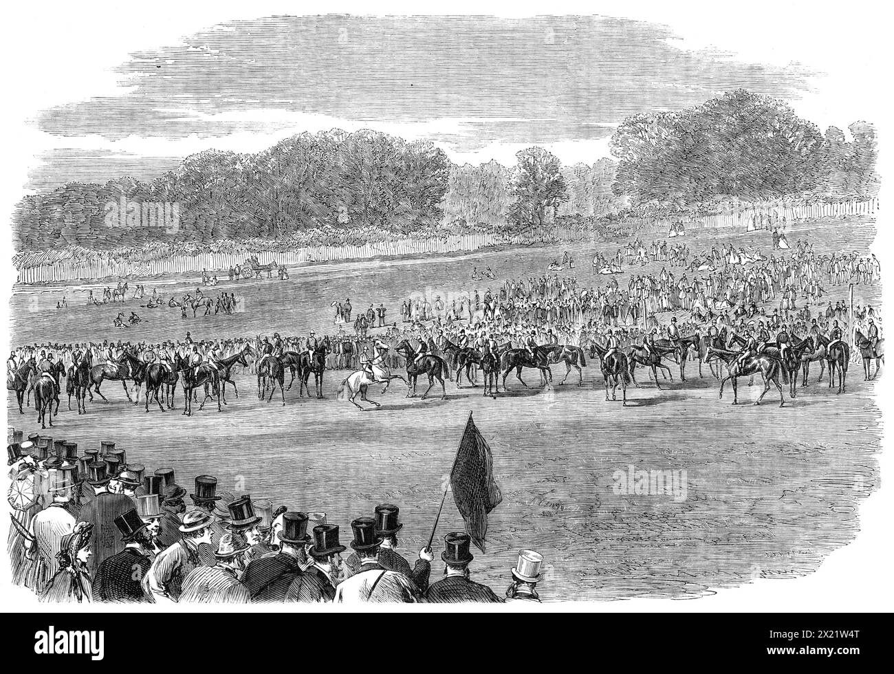 The Start for the Derby - from a photograph by Mr. Herbert Watkins, 1864. 'It is a singular Turf anomaly that the greatest race in the world should be run over perhaps the worst and most dangerous course we have...The hill stops the pace so much...that the bad ones are not half weeded out by the time they reach [Tattenham] Corner. Hence jockeys too often race their horse's heads off to get well round it in the front rank, for fear of the beaten horses falling back and knocking them out of their stride at the critical moment...However, the Grand Stand folk like to see the race from end to end; Stock Photo