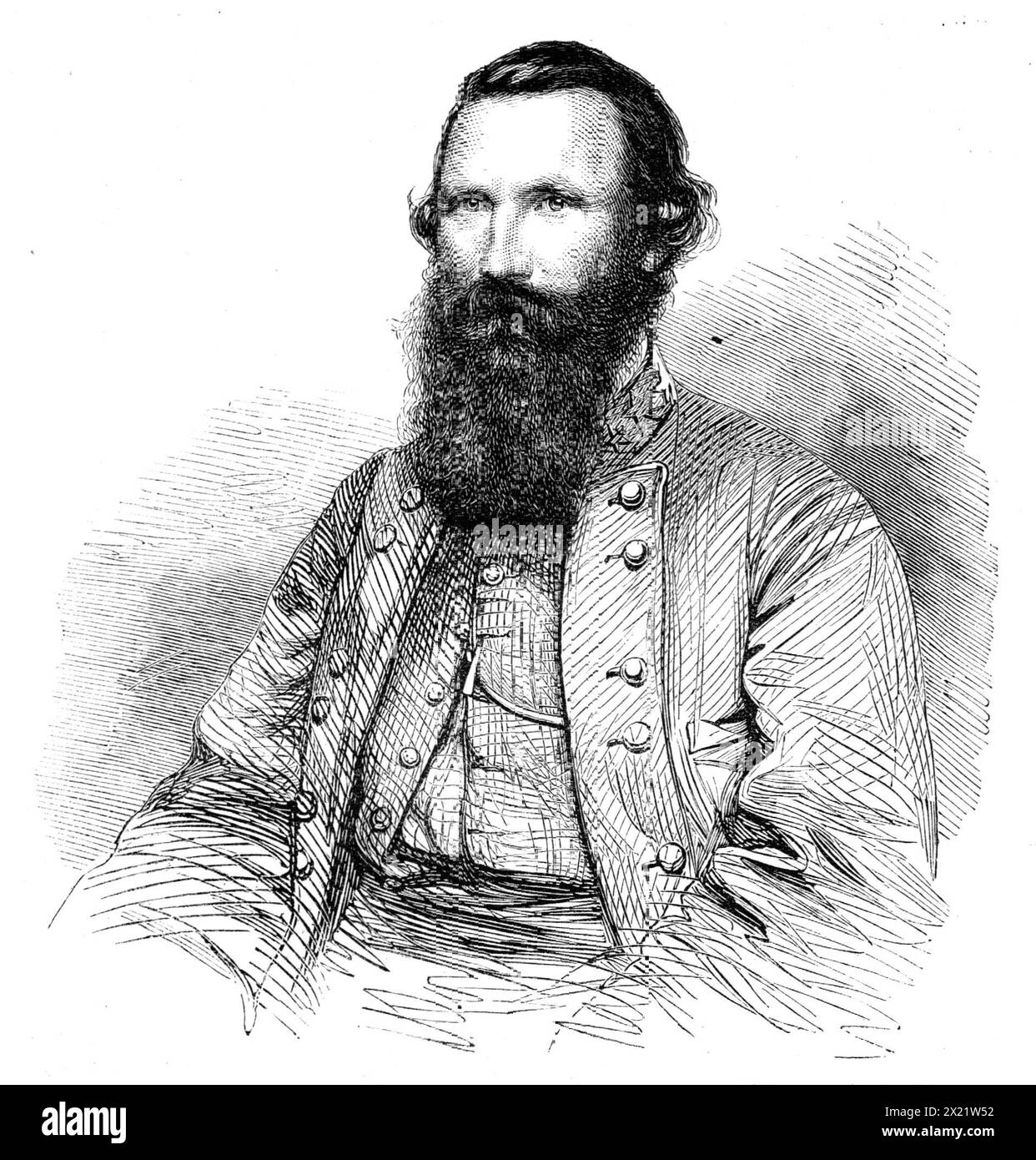 The late General J. E. B. Stuart, of the Army of the Confederate States, 1864. Stuart '...received his mortal wound in a cavalry skirmish with the detachment under General Sheridan at Ashland...The doctor, knowing he did not desire to be buoyed by false hopes, told him frankly that death was rapidly approaching. The General nodded and said, 'I am resigned, if it be God's will; but I would like to live to see my wife. But God's will be done.' Several times he roused up and asked if she had come. To the doctor, who sat holding his wrist and counting the weakening pulse, he remarked, 'Doctor, I s Stock Photo