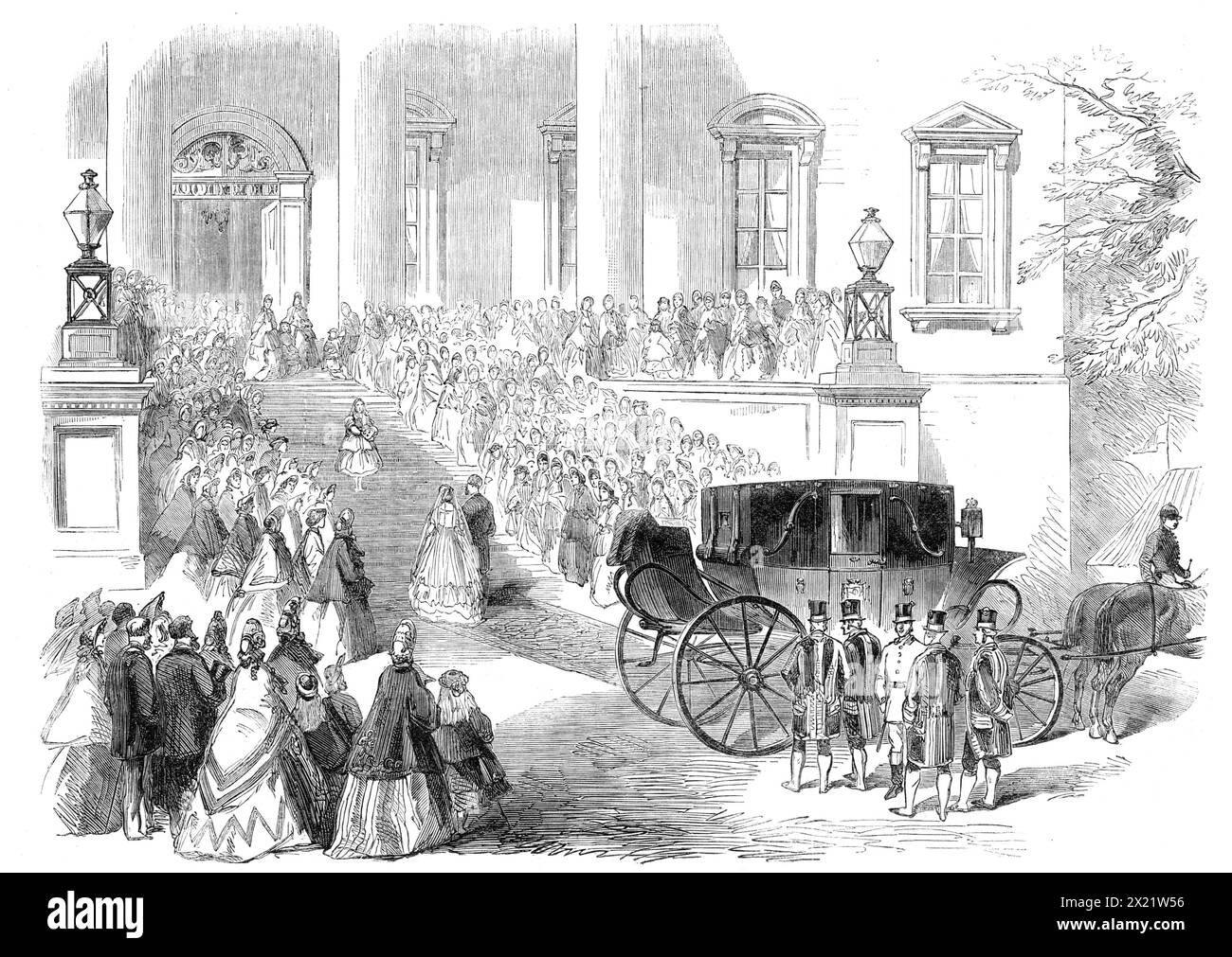Marriage of the Count de Paris with the Princess Isabelle d'Orleans: the return to Claremont, 1864. '...Louis Philippe Albert d'Orleans, the Count de Paris, son of the Duke of Orleans and grandson of King Louis Philippe, was married to his first cousin, Princess Maria Isabella Francesca d'Assisi, daughter of the Duke de Montpensier, and niece, by her mother's side, to the Queen of Spain...After the ceremony...the young Count and Countess de Paris entered their carriage to return to Claremont, amidst all manner of festive demonstrations - cheering, and firing of cannon, and ringing of bells - i Stock Photo
