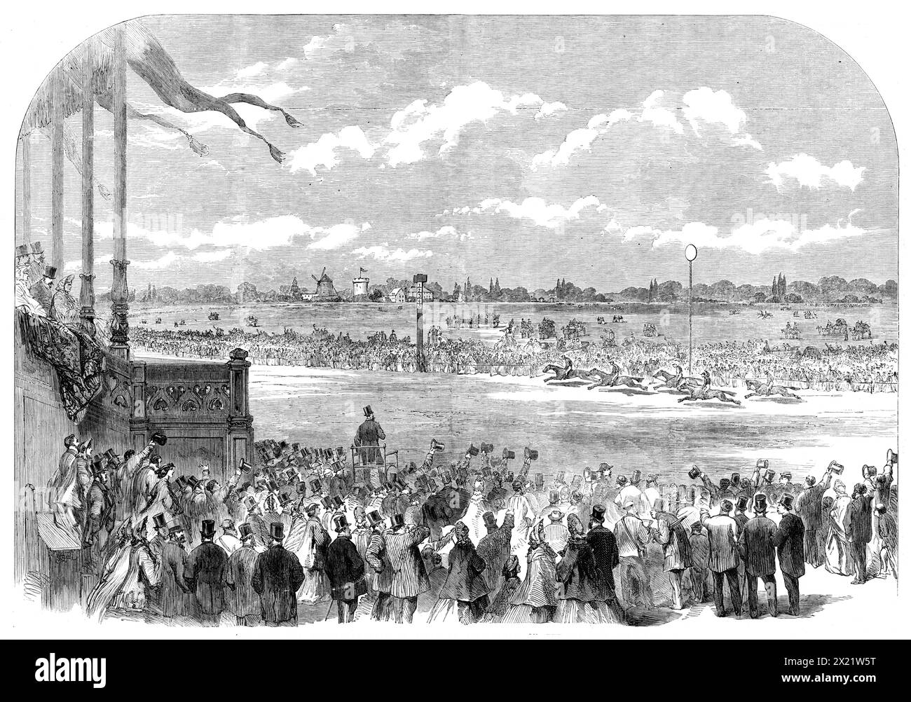 The Race for the Grand Prix de Paris, at Longchamps, on the 5th June, 1864. '...owing to the inferiority of the animals ultimately left on the card, the &quot;International&quot; was reduced to a match between England and France...It may be said without exaggeration that one hundred thousand &quot;elegant&quot; people were present at Longchamps; the arrival and departure of the brilliant equipages as they emerged from or drove towards the Bois de Boulogne was itself a most delightful sight...the general expectation was that Blair Athol would achieve an easy victory; and near the finish, when C Stock Photo