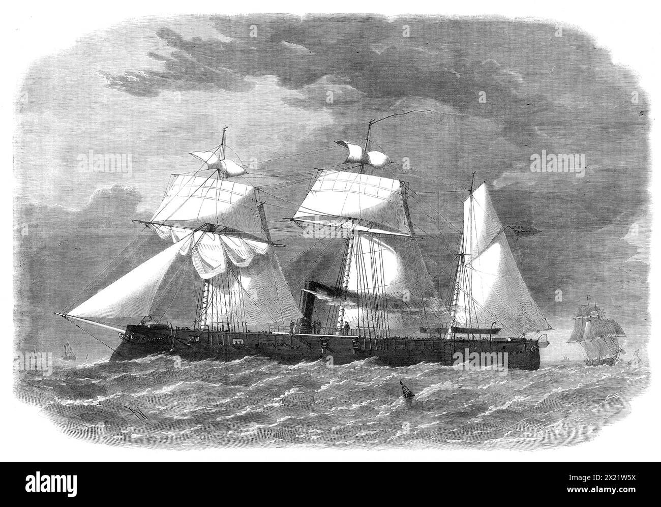 The new iron-clad fleet: Her Majesty's sloop-of-war Enterprise, 1864. 'She is the smallest vessel plated with 4&#xbd;-inch armour that has yet been set afloat. In his designs for this vessel the Chief Constructor of the Navy, Mr. Reed, has sought to avoid the necessity of extraordinary weights and dimensions by shortening the battery and confining it as nearly as possible to the centre of the ship. The timber framework which he has turned to such good account was originally intended to support an armament of seventeen 32-pounder guns; but, having converted the ship from an ordinary wooden sloo Stock Photo