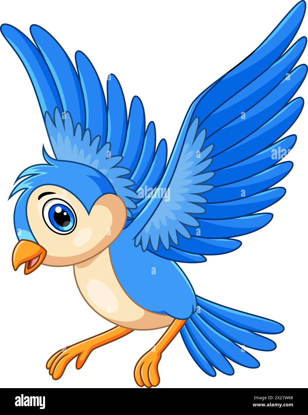 Cute blue bird cartoon flying on white background Stock Vector Image