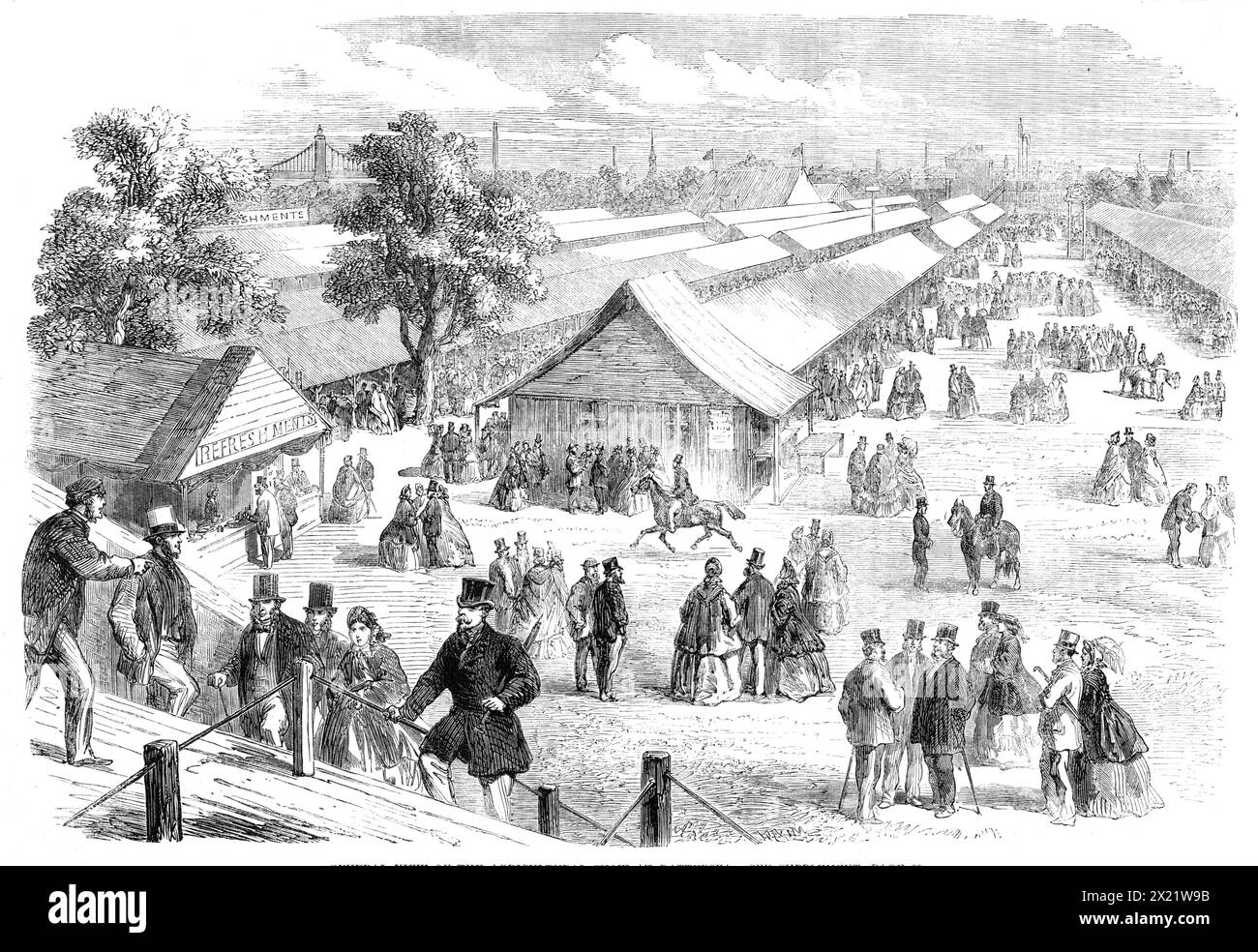 General view of the agricultural show at Battersea, [London], 1862. '...the society has seldom pitched its tent in a nicer spot than the fields of Battersea. A few years ago the place which is now whitened with miles of canvas tents was a mere marsh; whereas the visitor of '62 who takes boat at any of the piers, and faces that somewhat weary journey on Father Thames, is surprised to find himself landed in a bona fide park...with banks and borders planted with shrubs all round them. The whole space occupied by the society includes about 36 acres; and although the cattle men cast a very jealous Stock Photo