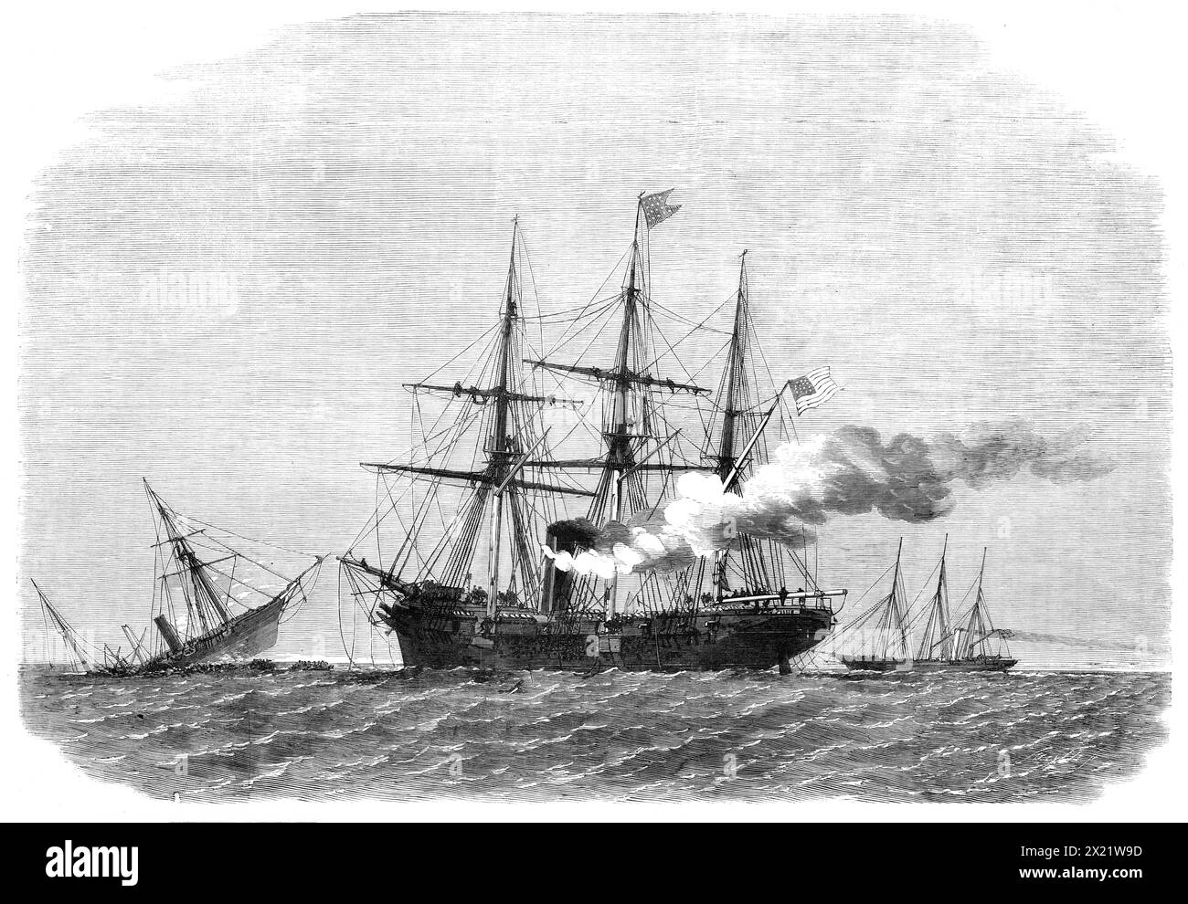 The action off Cherbourg on Sunday between the Alabama and the Kearsarge: the Alabama sinking, 1864. Engraving of a sketch by James Bryant of the Royal Western Yacht Club. 'One of the most interesting naval engagements that has ever taken place near our shores was that...between the Confederate cruiser Alabama, commanded by Captain Semmes, and the United States war-steamer Kearsarge, Captain Winslow...[Semmes said] &quot;The firing now became very hot, and the enemy's shot and shell soon began to tell upon our hull, knocking down, killing, and disabling a number of men in different parts of th Stock Photo