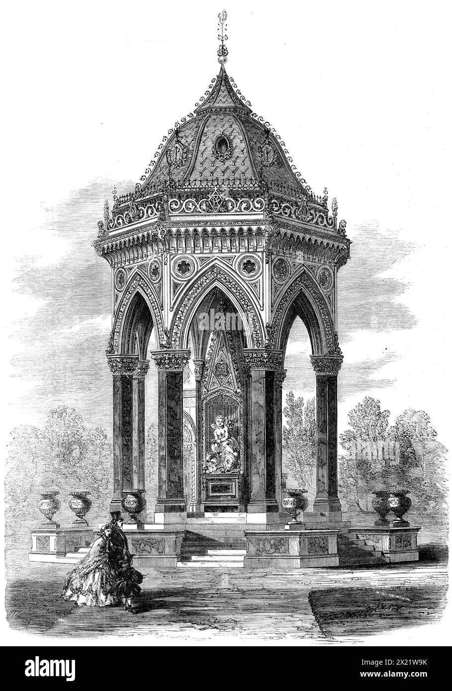 Drinking-fountain in Victoria Park, the gift of Miss Burdett Coutts, 1862. 'Its arrangement is octangular...Its masonry consists of Portland and Kentish ragstone, Gazeby stone being employed for the steps and paving...The exterior consists of eight piers of polished Peterhead granite, with carved capitals of Aubigny stone...The spandrils of the arches contain...slabs of polished marble. Above these rises the principal cornice...enriched with red and green marbles...Four of its sides are occupied by the fountains...on the eighth [side] is situated the entrance to a chamber which affords access Stock Photo
