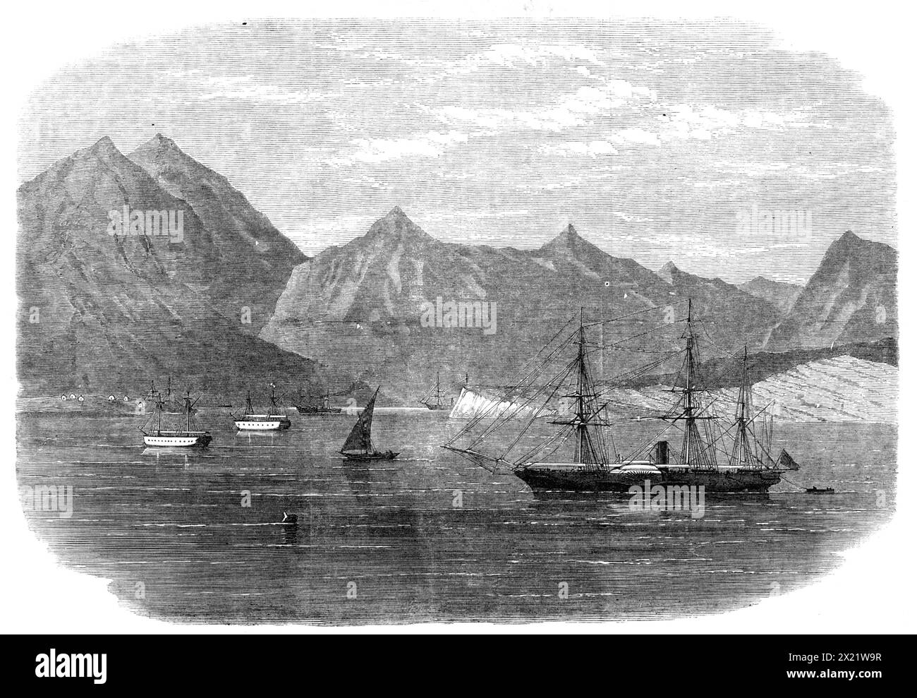 The Indo-European Telegraph: Mussendom Station, Elphinstone Inlet, Persian Gulf, 1865. From a sketch by Lieut. Hewett, of the gun-boat Clyde. 'The chief importance of the work was centred in the manufacture and laying of the enormous mass of cable, nearly 1500 miles in length, and weighing upwards of 5000 tons, which was constructed under the careful supervision of the engineers, at the works of the Gutta-Percha Company...the laying of the cable...commenced at Gwadur...under the superintendence of Sir Charles Bright...The first section from Gwadur to Mussendom, a barren promontory at the entra Stock Photo