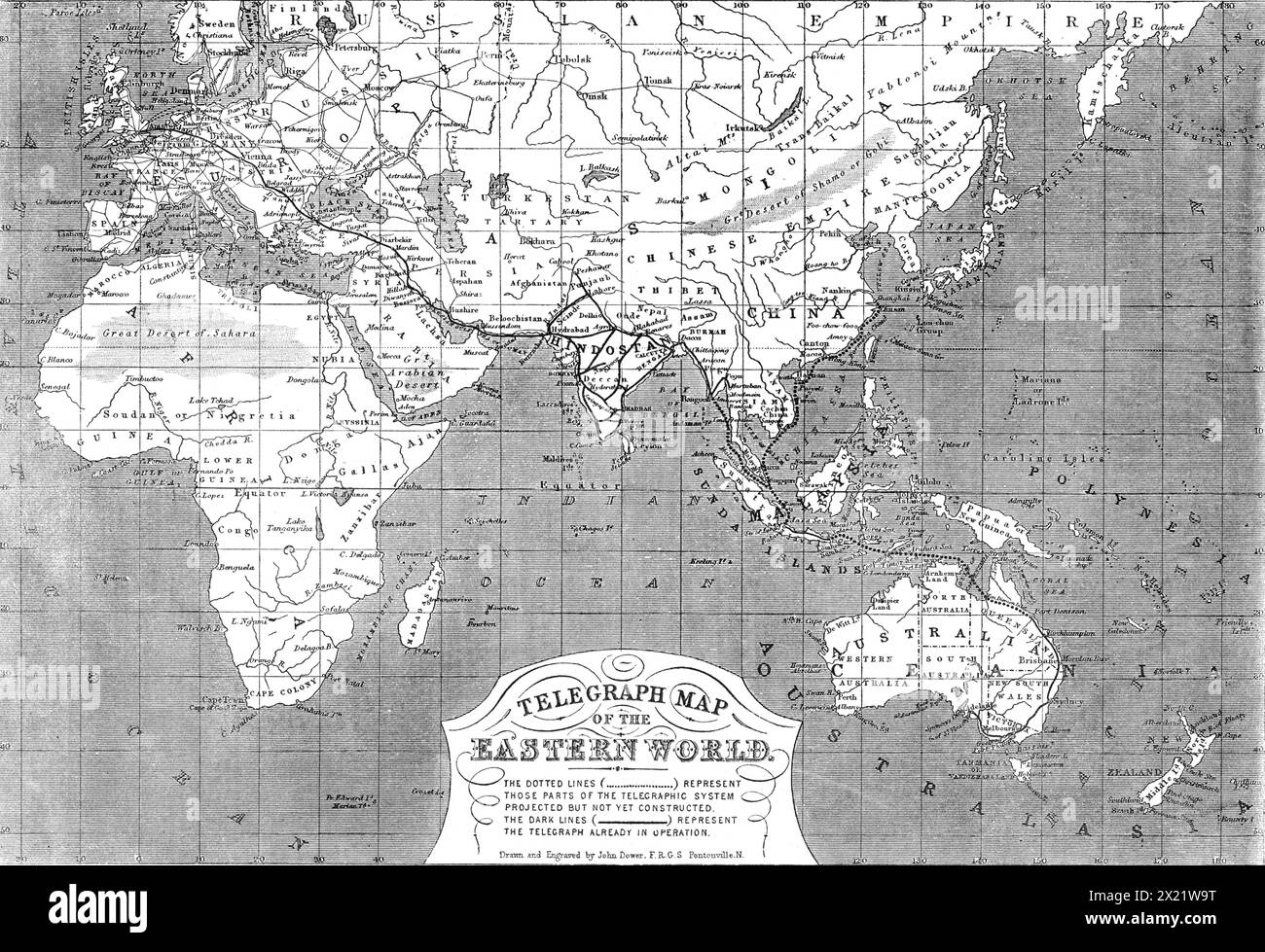 Telegraph map of the Eastern World, 1865. Map showing '...the progress of telegraphic communication from England in the directions of India, China, and the British colonies...It is owing to the immense growth of English commerce and colonisation in those distant regions, as well as to the political and military exigencies of our Indian empire, since the government of the East India Company was superseded by the direct rule of Queen Victoria after the suppression of the revolt of 1857, that the necessity for a speedy transmission of messages between London and the remotest of the British provin Stock Photo