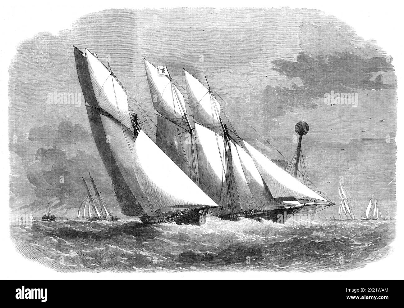 Annual schooner race of the Royal Thames Yacht Club: the yachts at the Mouse light ship, 1862. 'The morning had been very gloomy and threatening, but just before the vessels started it became much brighter and more promising...Flying Cloud at once hoisted her mainsail, and Leonora was not long delaying, but Shark and Galatea waited until they had partially swung before touching their halyards. Flying Cloud made an excellent start, and took the lead, followed by Leonora, and in less than ten minutes the sails, including big topsails, were set and trimmed...A wonderfully close match after a run Stock Photo